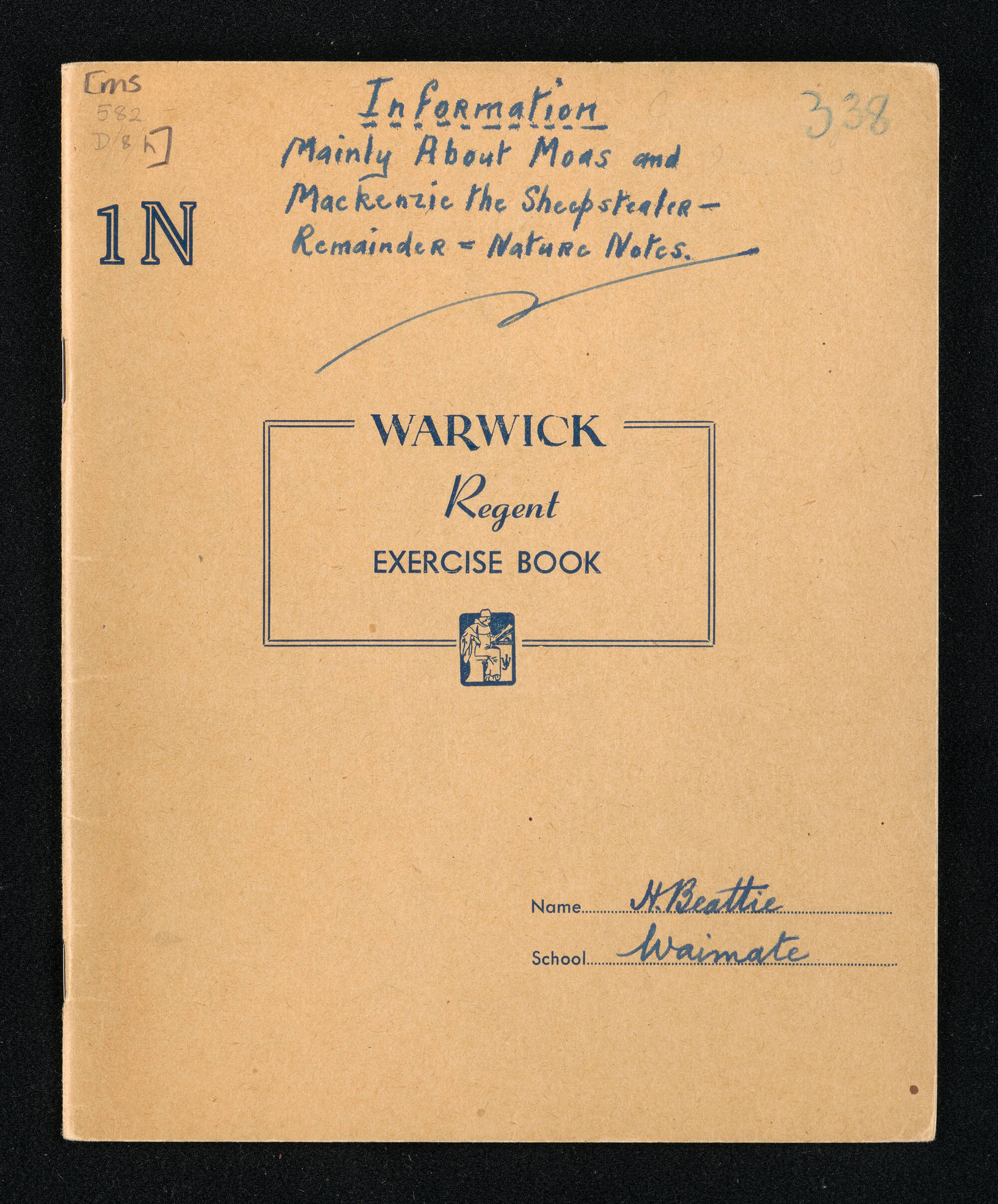 Notebook entitled, 'Information mainly about moas and Mackenzie the sheep stealer - remainder -  nature notes'