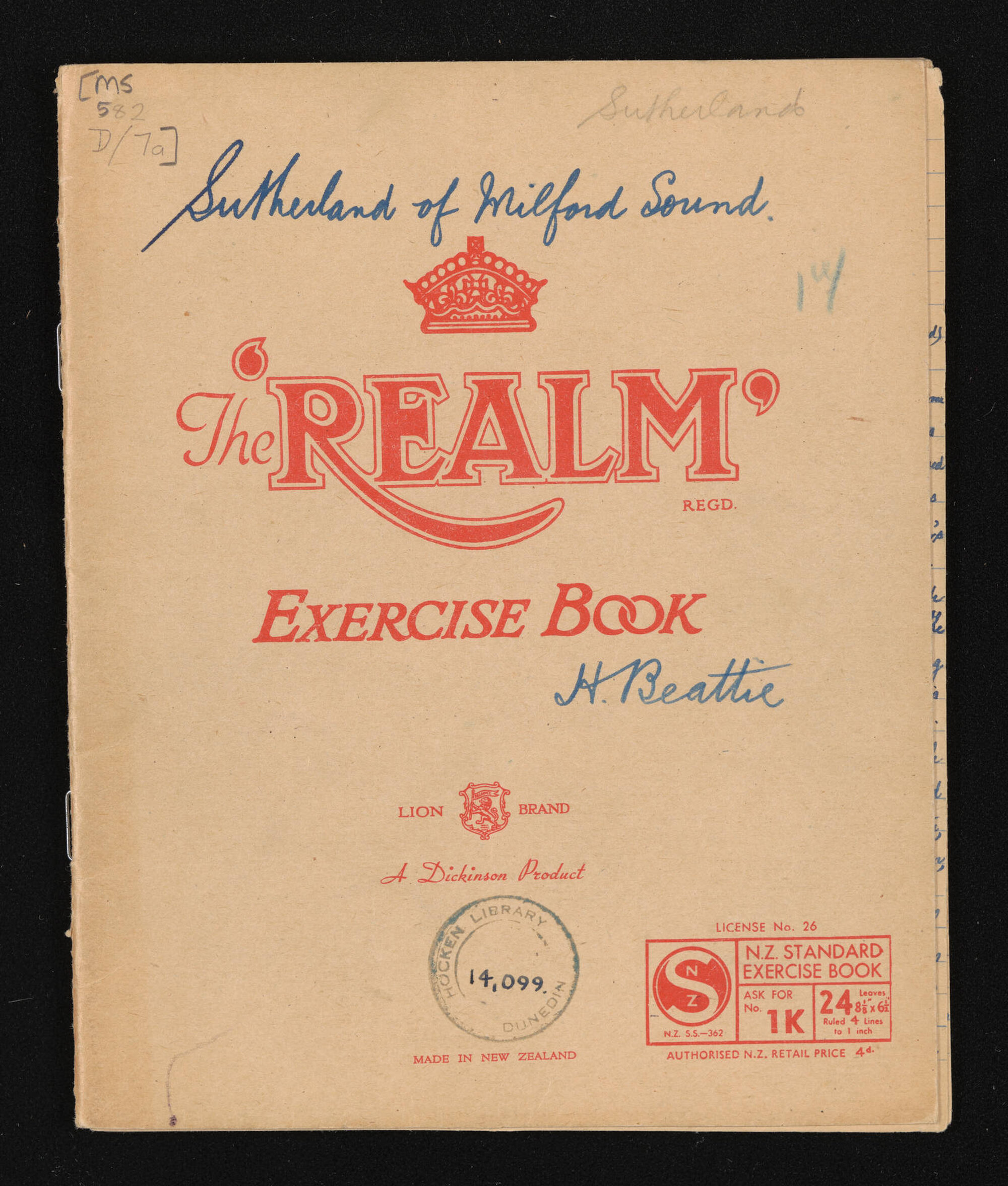 Notebook entitled, 'Sutherland of Milford Sound'