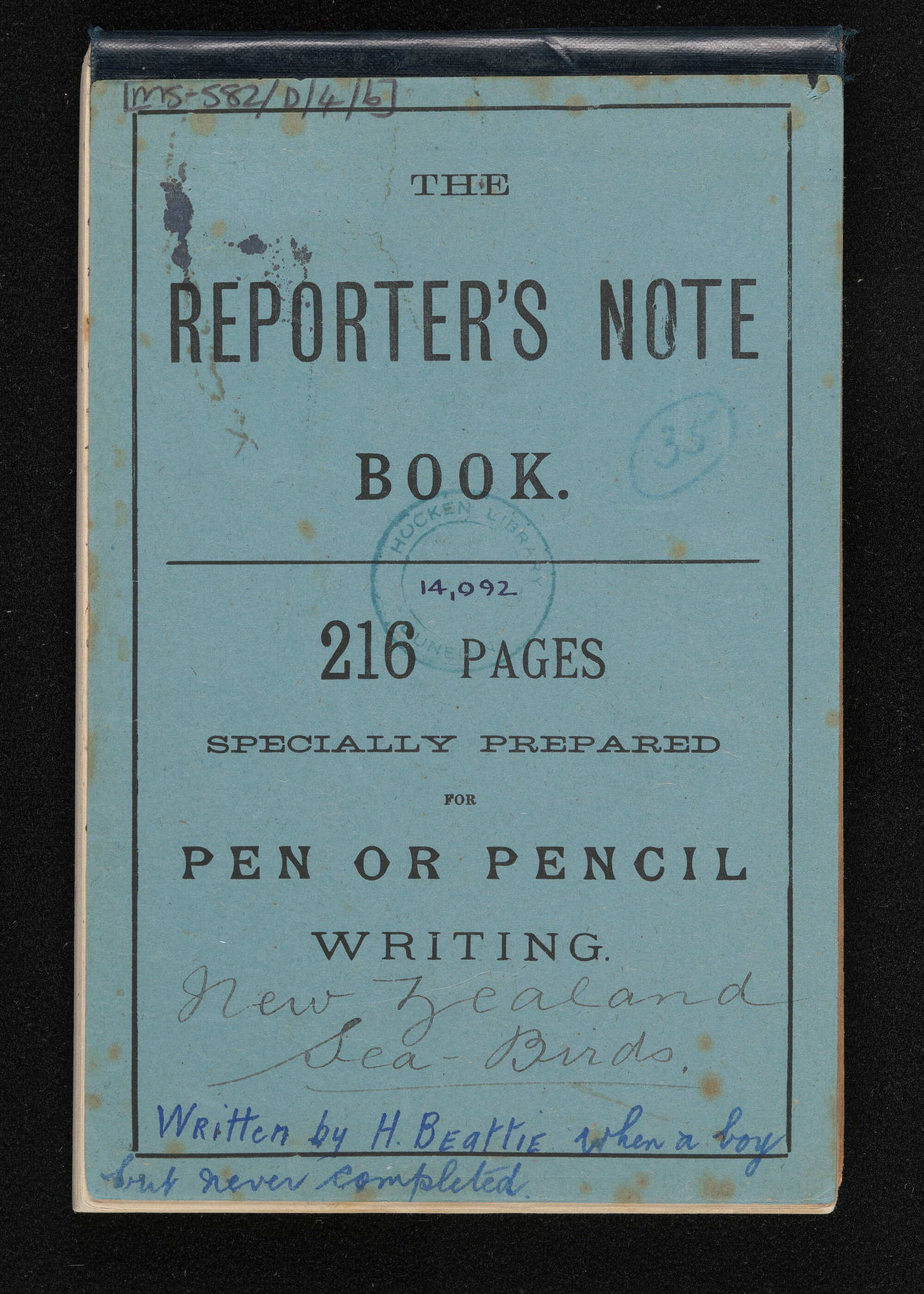 Notebook entitled, 'New Zealand sea birds, written by H. Beattie when a boy but never completed'