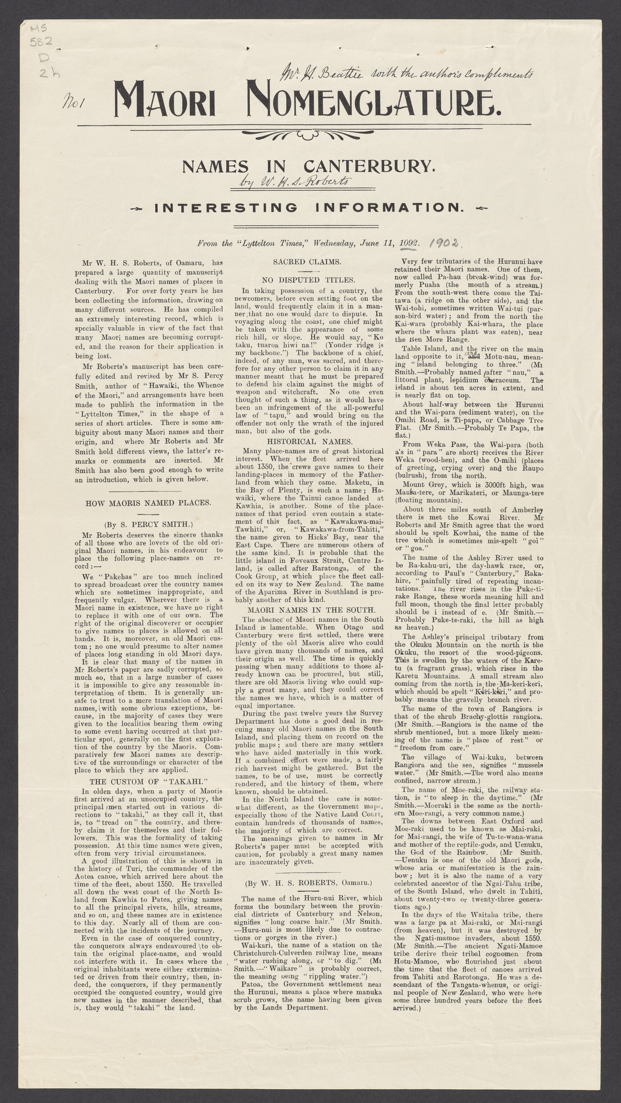 Reprints of articles published in the Lyttelton Times, entitled, 'Maori nomenclature; Names in Canterbury; Interesting information' and 'The Maori language', by W.H.S. Roberts