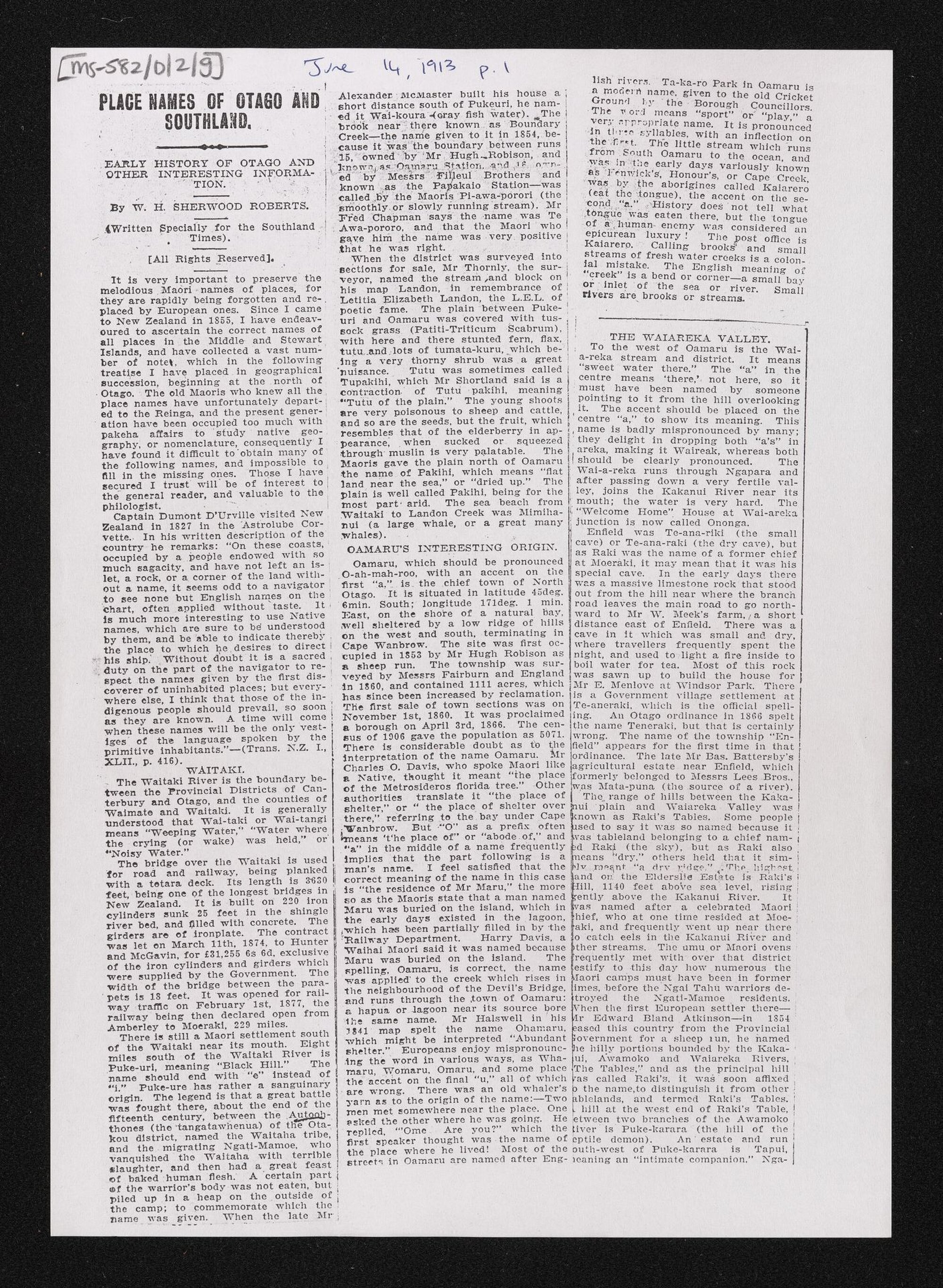 Photocopies of articles published in the Southland Times entitled,'Place names of Otago and Southland; Early history of Otago and other interesting information'