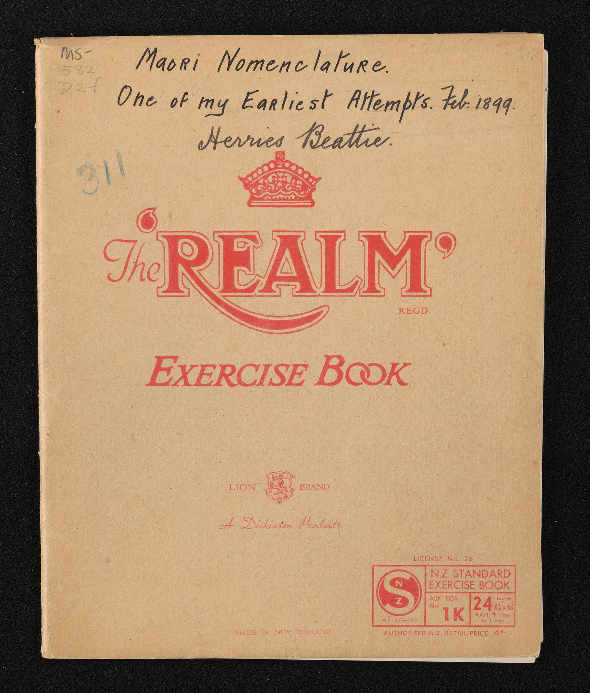 Notebook entitled, 'Maori nomenclature, one of my earliest attempts, Feb. 1899'