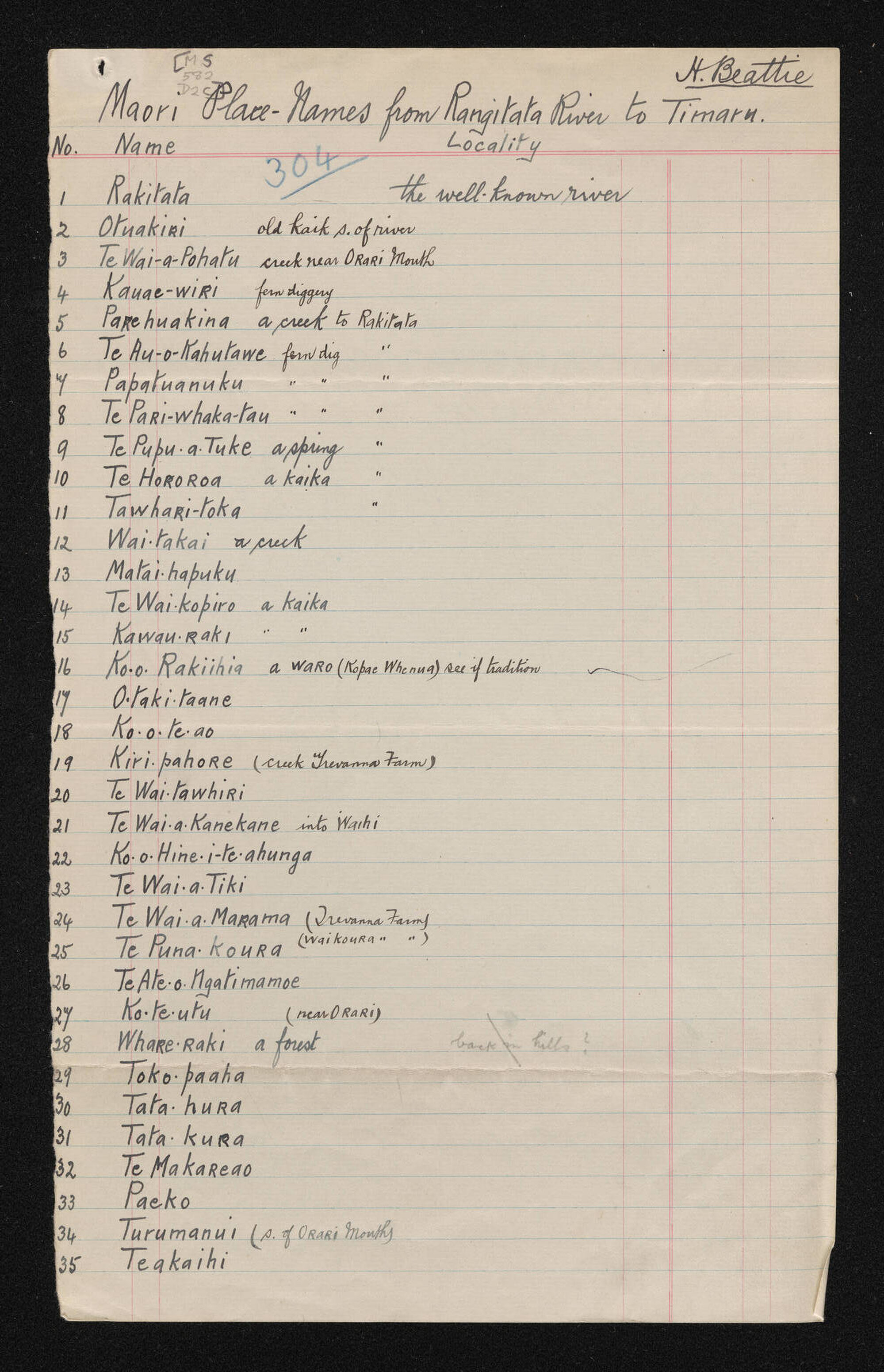 Lists of Māori place names from Rangitata River to Timaru, North and South Canterbury and a list of people on the Arai-te-Uru canoe wrecked at Shag Point