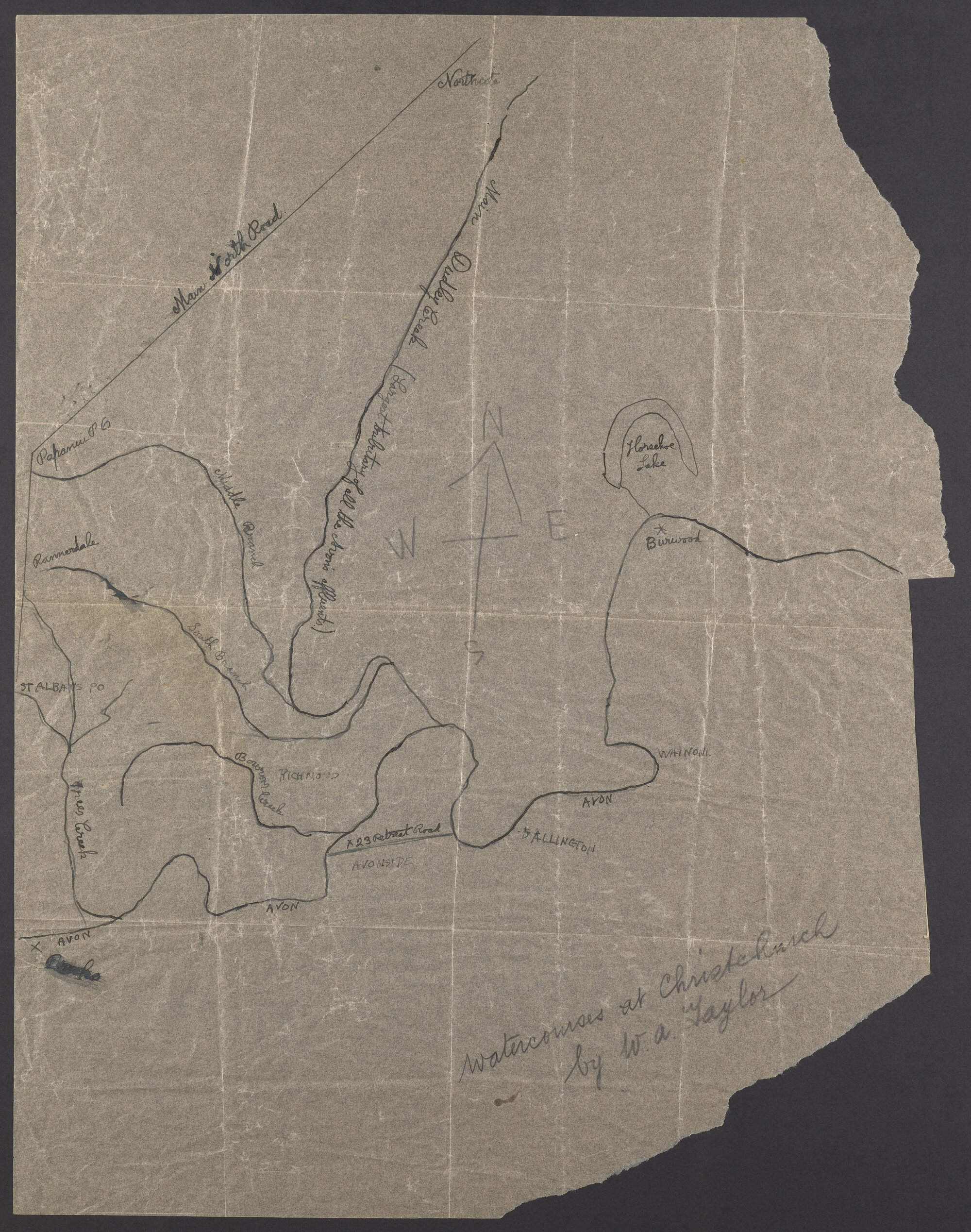 Rough sketch map, annotated 'Watercourses at Christchurch by W.A. Taylor'