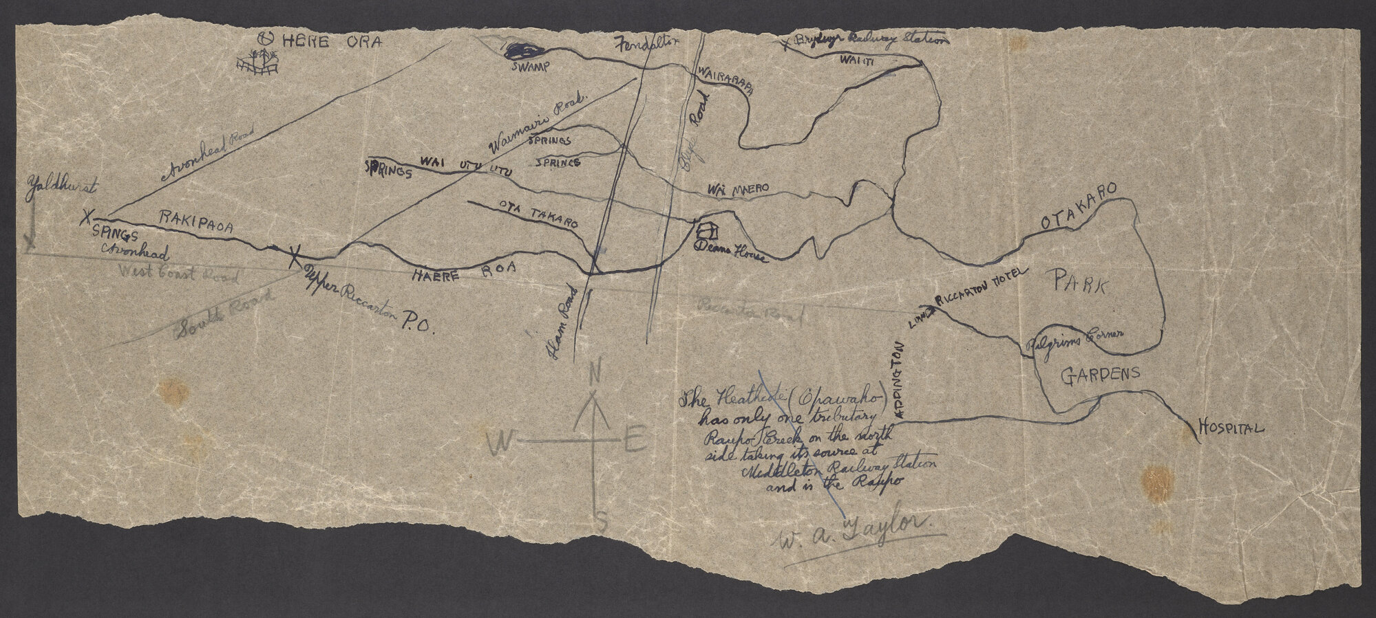 Rough sketch map of the Christchurch area, including Ōtākaro, annotated 'W.A. Taylor'