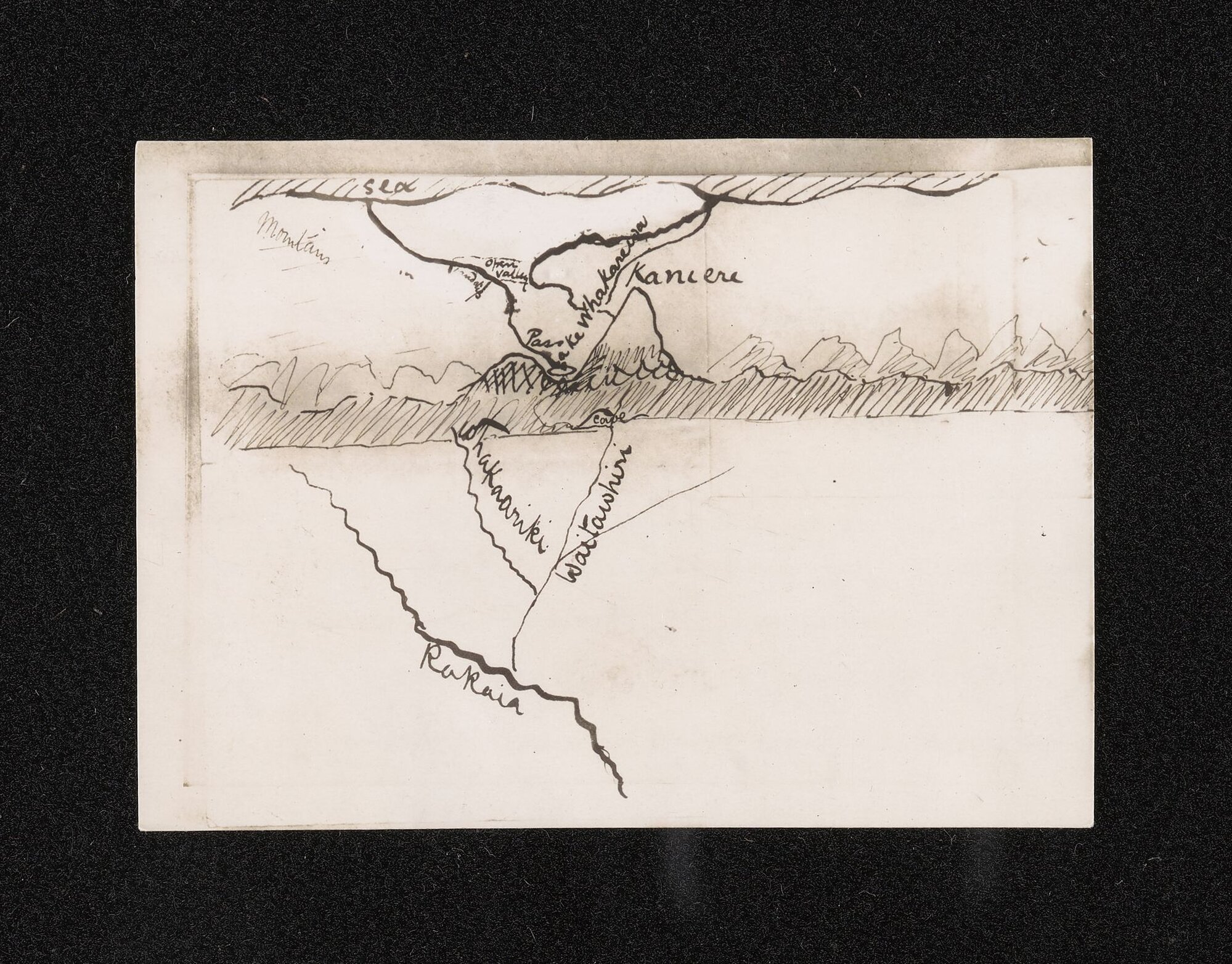 Photograph of drawing made by an unidentified Māori on 31 March 1865 depicting the crossing through the Main Divide by Brownings Pass, annotated by W.A. Taylor and Herries Beattie