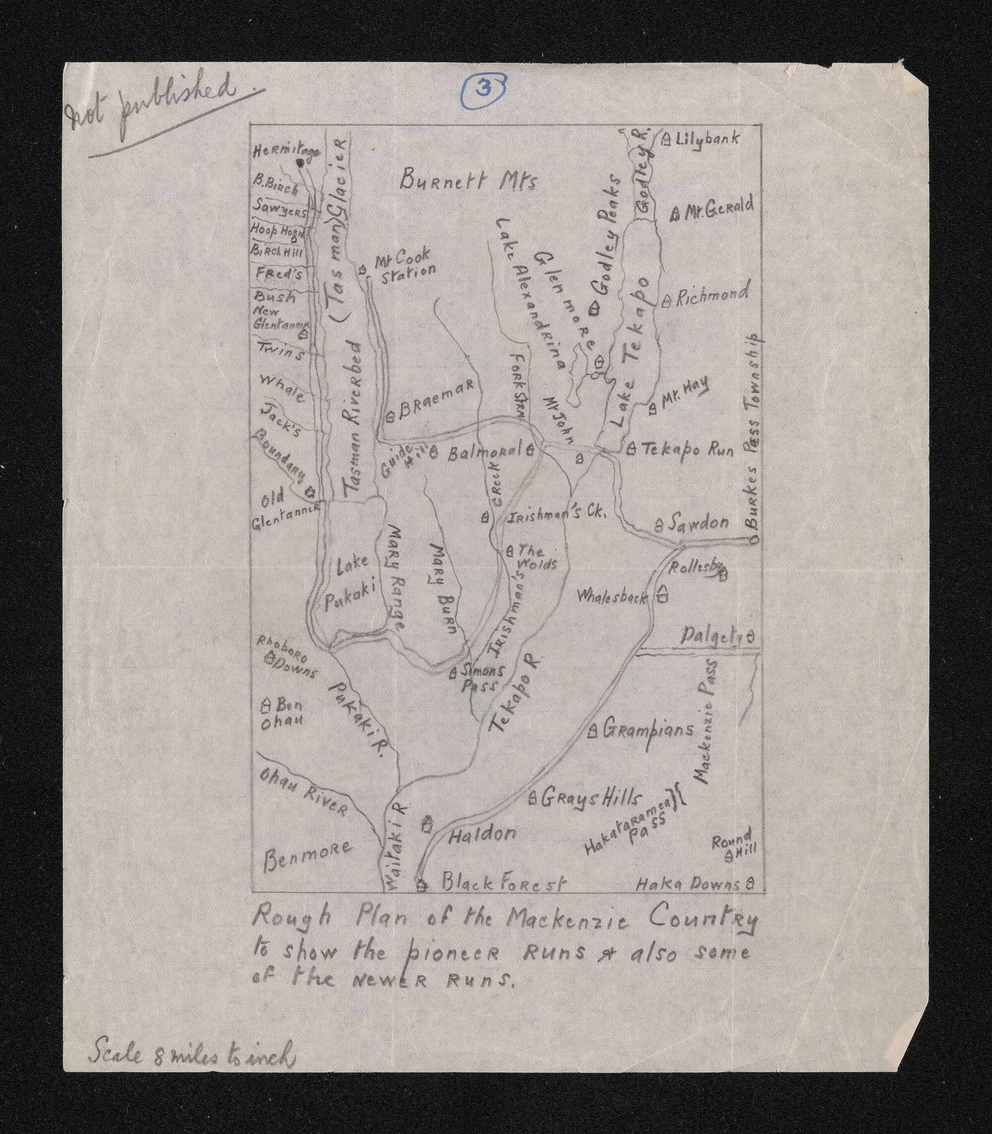 Rough sketch map of the Mackenzie Country showing 'the pioneer runs and also some of the newer runs'