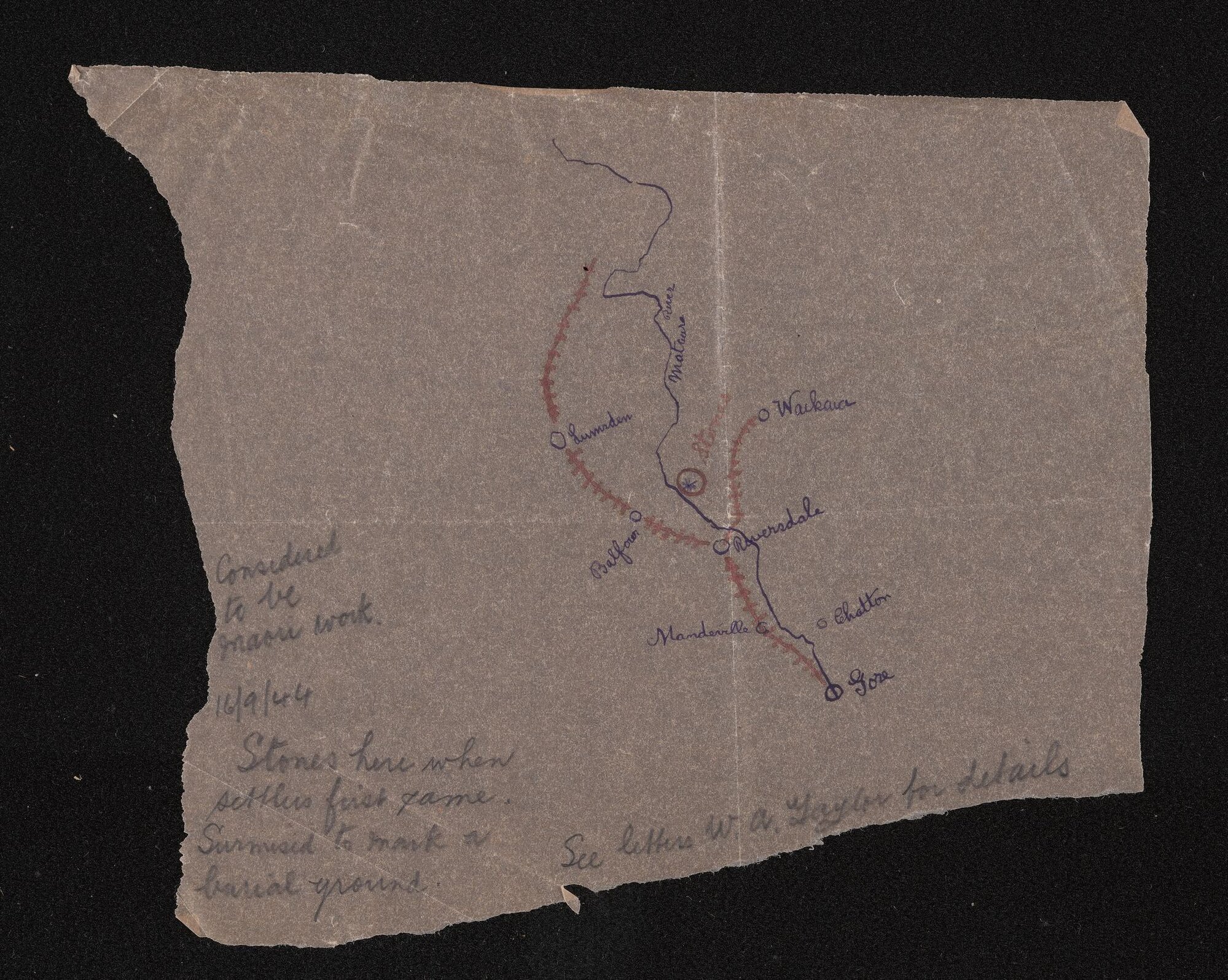Fragment of sketch map marking stones near Waikaia on the Mataura River, possibly marking an urupā (burial ground)
