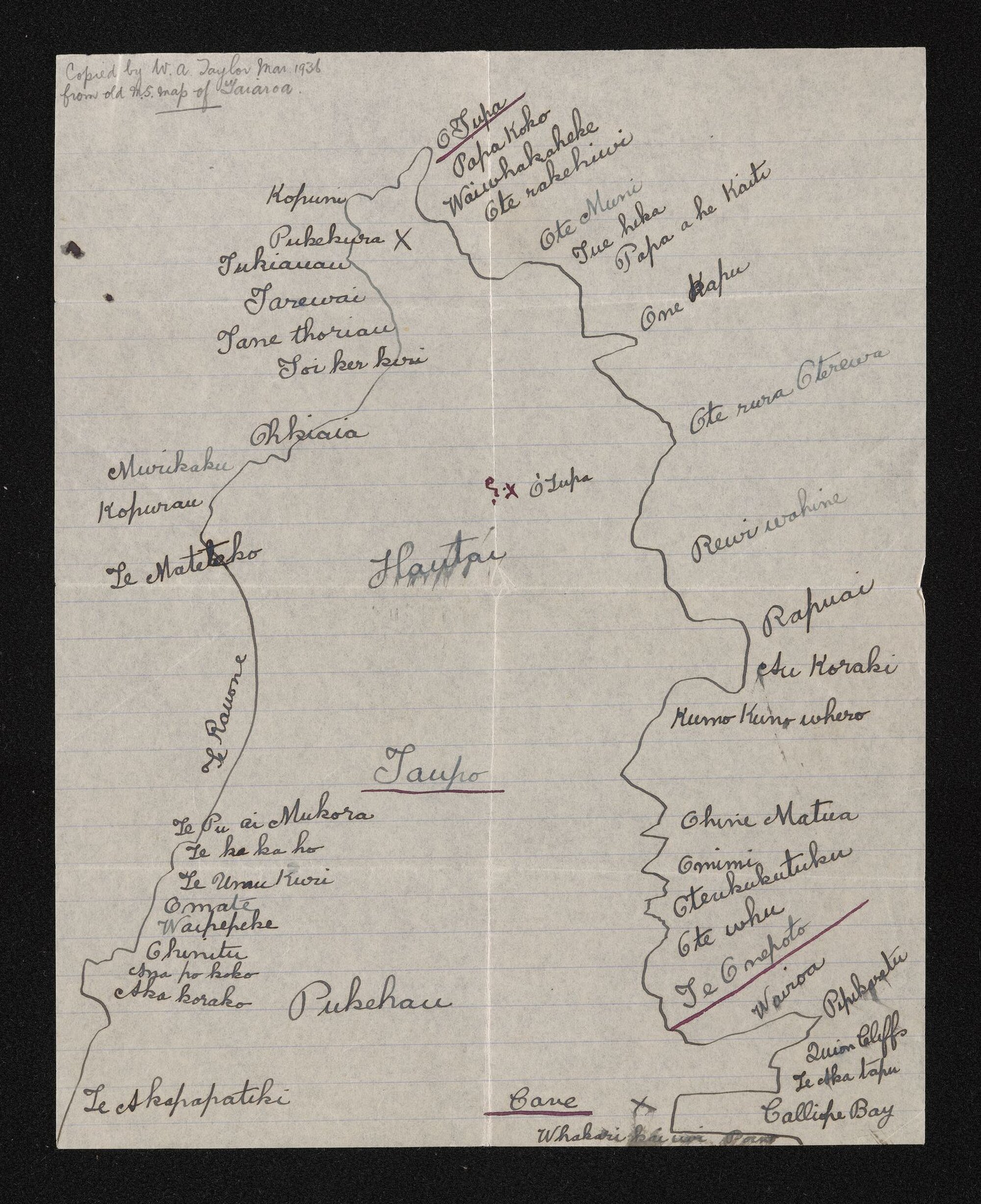 Sketch map of the Otago Peninsula, annotated 'Copied by W.A. Taylor Mar 1936 from old M.S. map of Taiaroa'