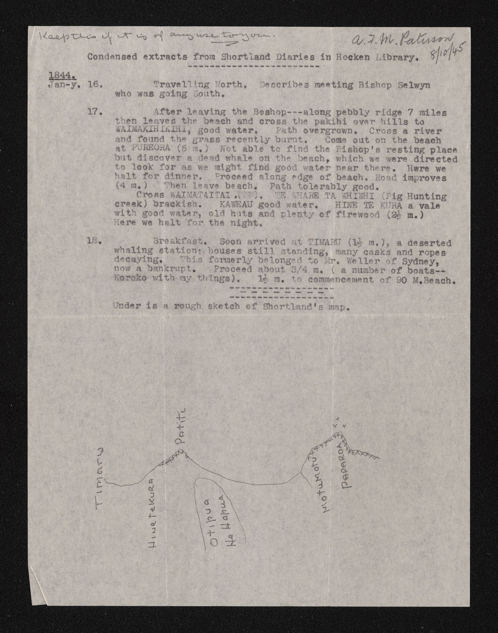 Typewritten copy of 'Condensed extracts from Shortland Diaries' and sketch map signed by A.F.M. Paterson, 8 October 1945