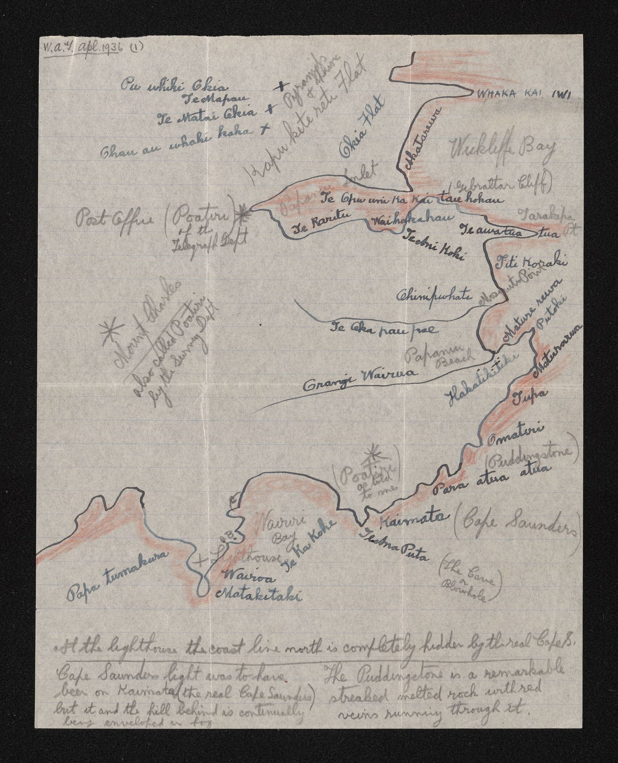 Sketch map of the Otago Peninsula, annotated 'W.A. [Taylor], April 1936'