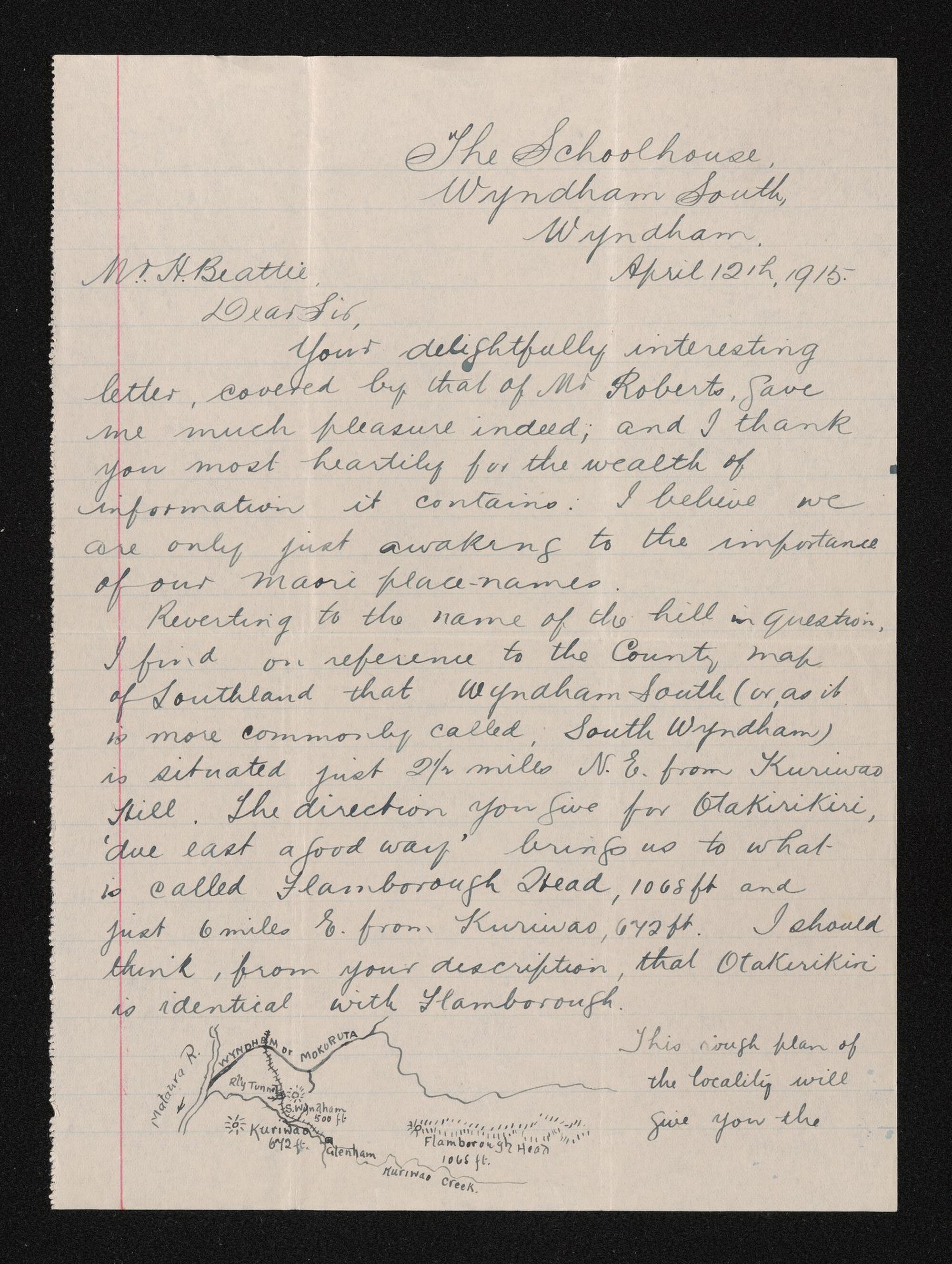 Letter, 12 April 1915, from James White, to Herries Beattie, including rough sketch plan of area near Wyndham
