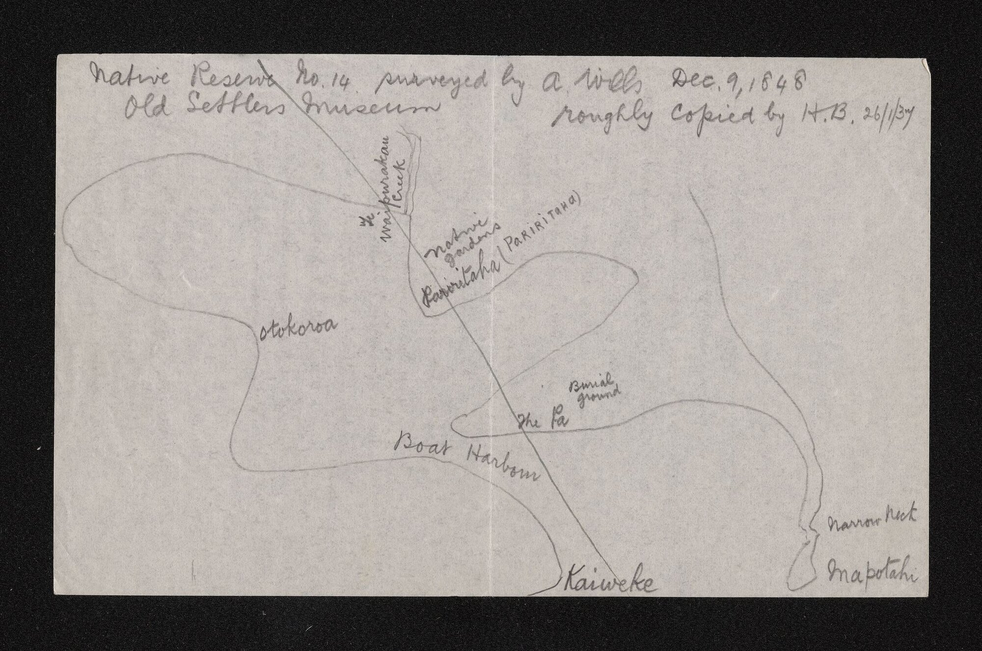 Rough copy of 'Native Reserve No. 14 surveyed by A. Wills 9 December 1848' copied by Herries Beattie, 26 January 1937