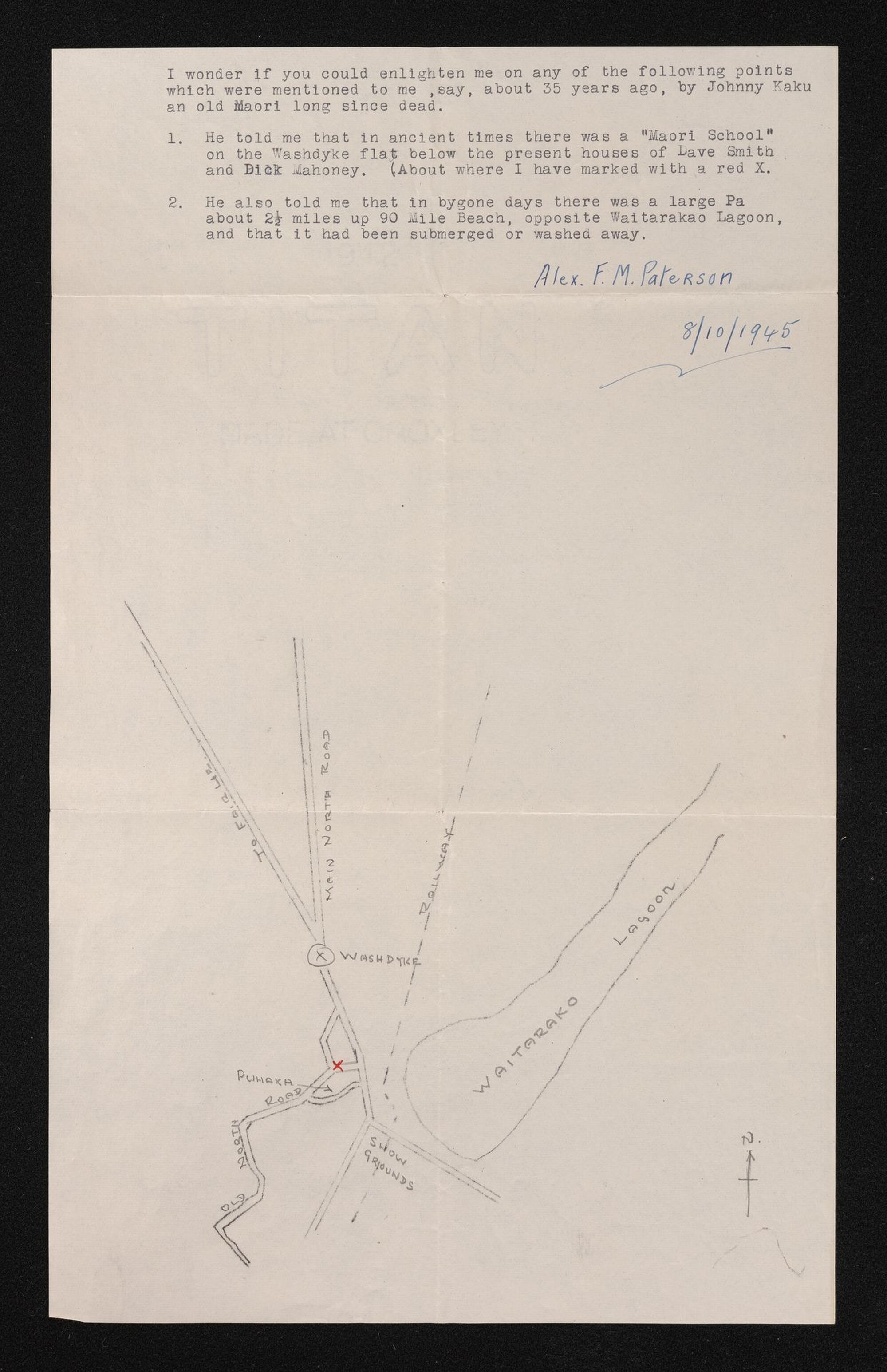 Typewritten letter and sketch map of area near Washdyke, from Alex F.M. Paterson, 8 October 1945