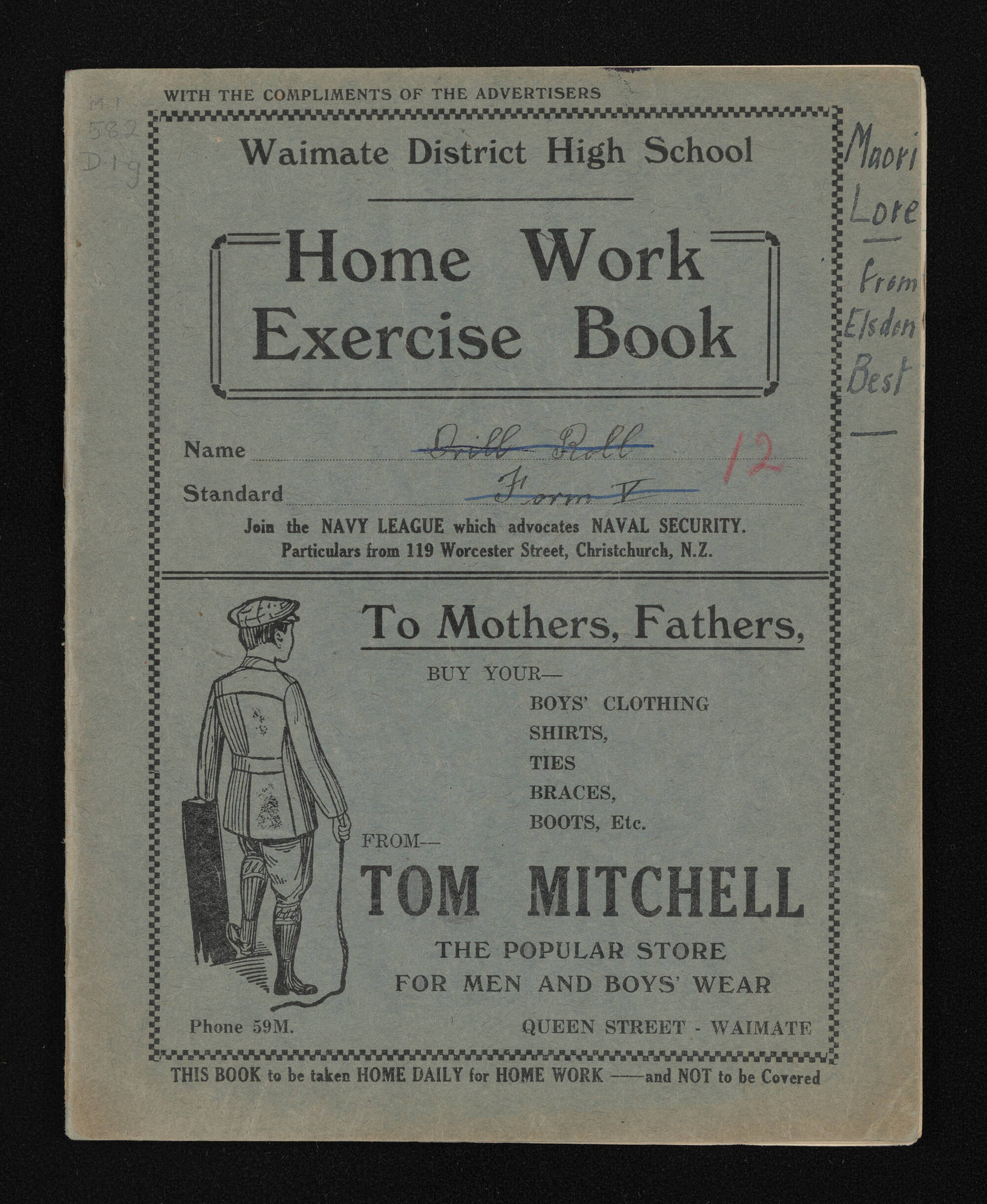 Notebook entitled, 'Maori lore from Elsdon Best', containing handwritten notes and extracts