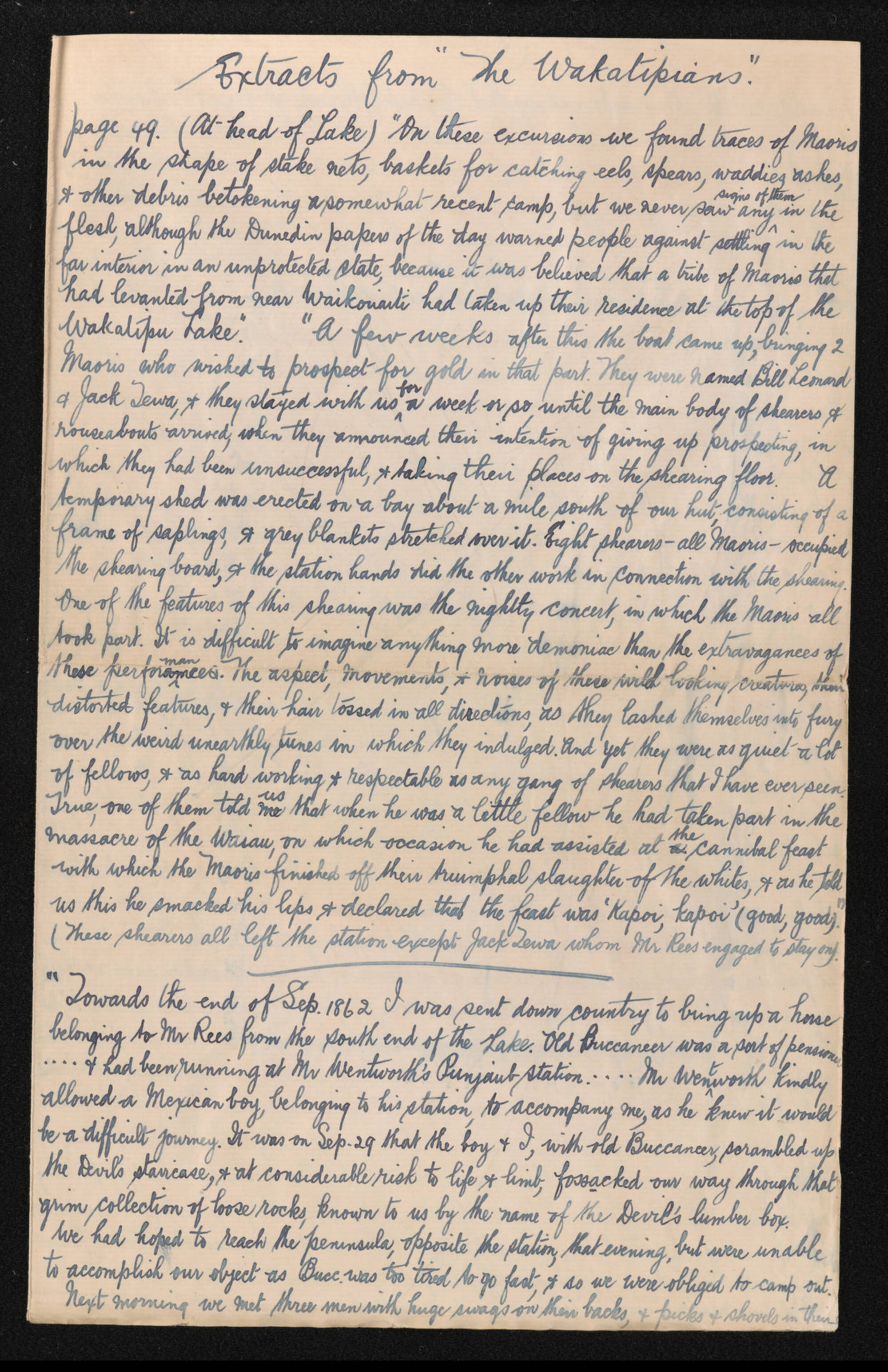 Notes containing handwritten extracts from A. H. Duncan's 'The Wakatipians'
