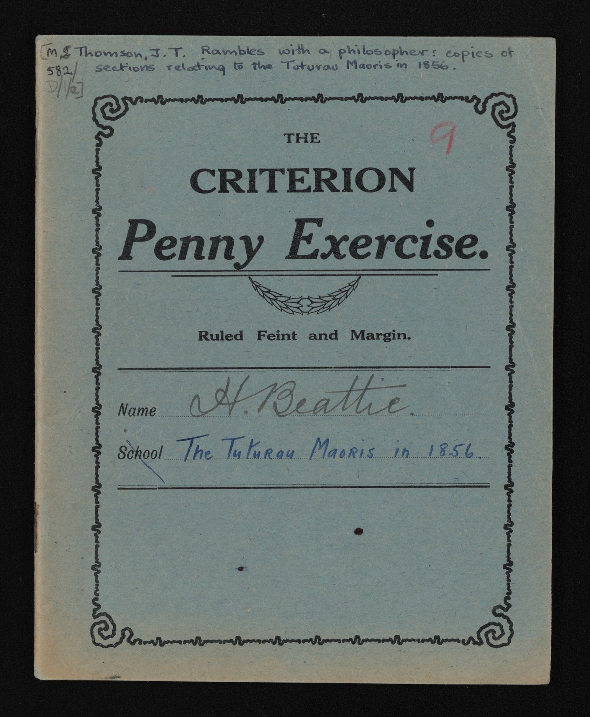 Notebook containing handwritten extracts on the Tuturau Māori from  J. T. Thomson's book, 'Rambles with a philosopher'