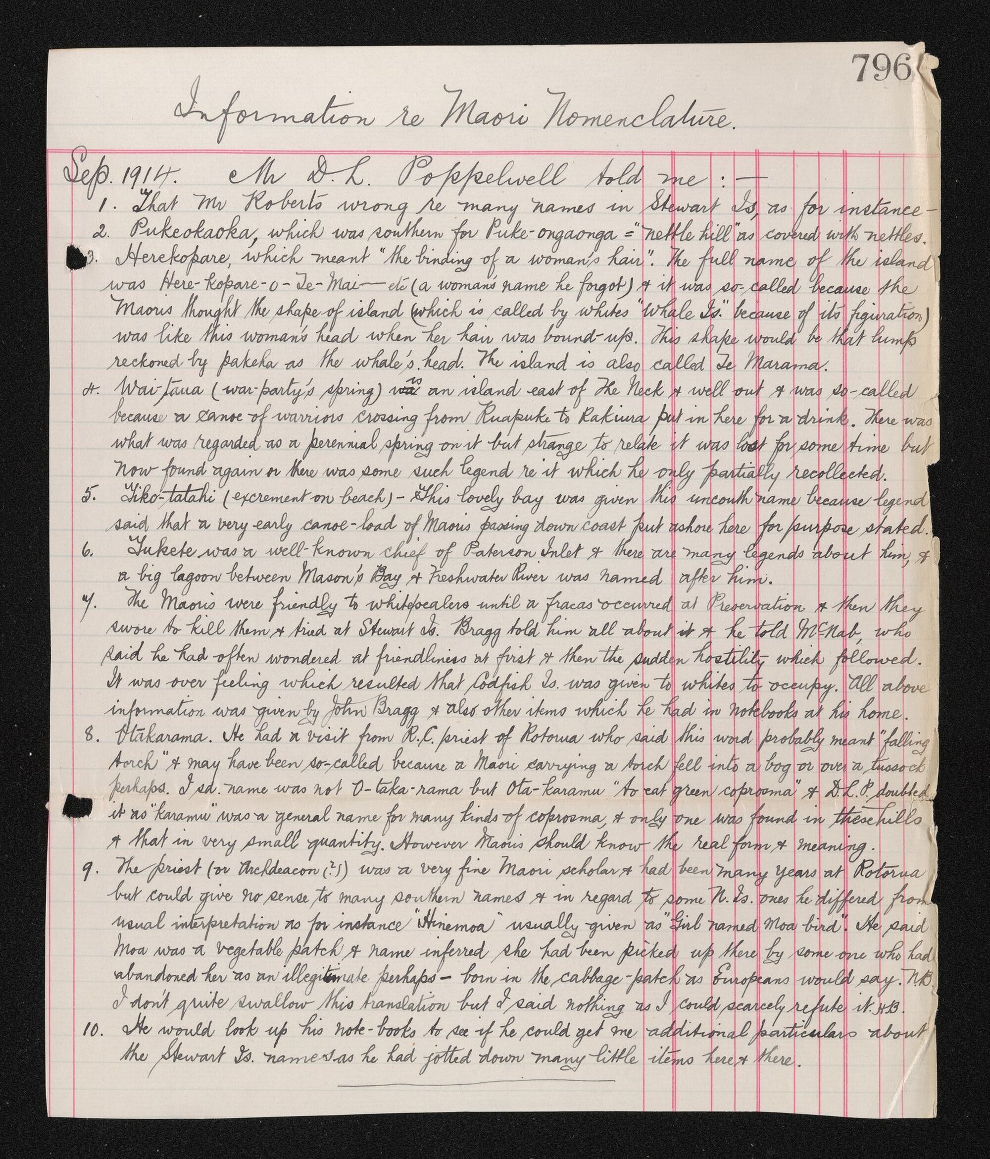 Notes, September 1914, regarding information on Māori nomenclature from D.L. Poppelwell