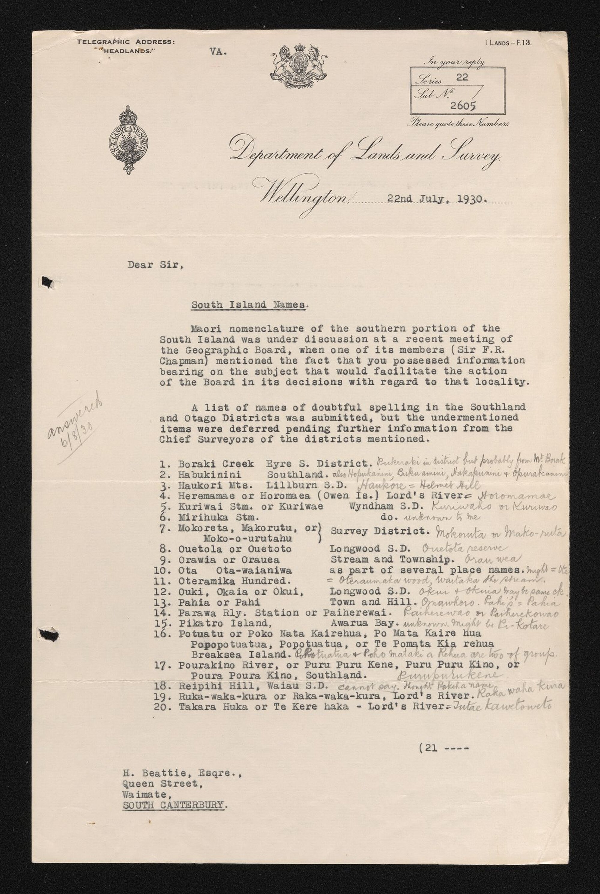 Letter, 22 July 1930, from H. Walshe, to Herries Beattie
