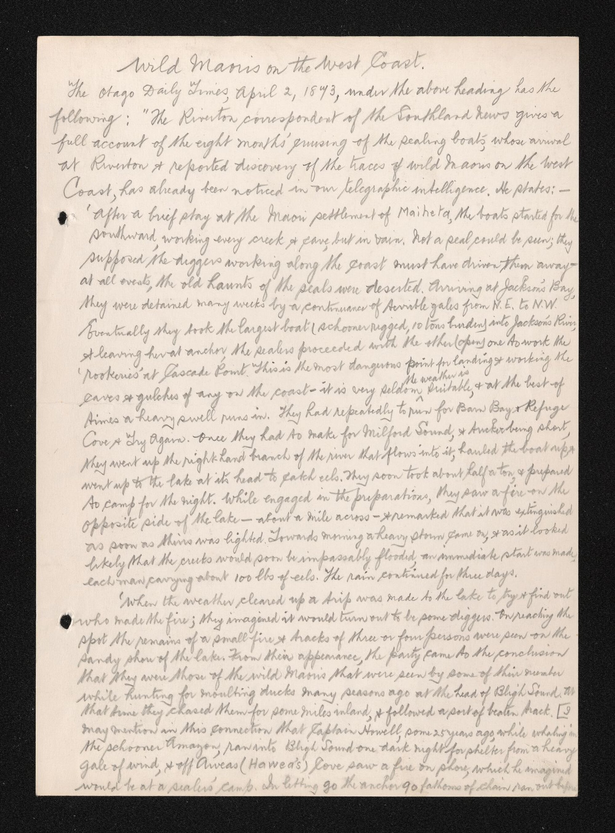 Notes entitled 'Wild Maoris on the West Coast'