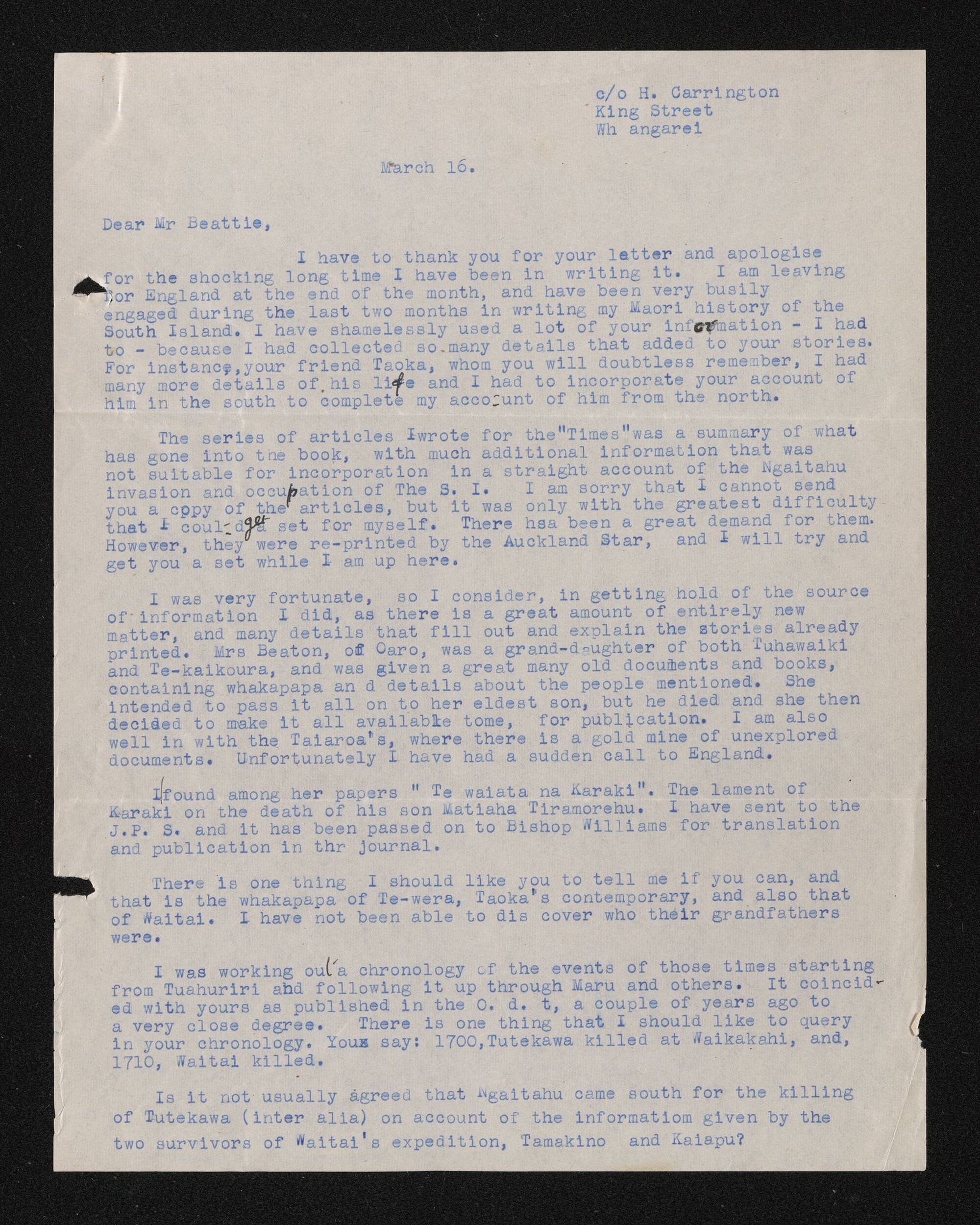 Letter, 16 March 1935, from A.H. Carrington, to Herries Beattie, regarding chronology and waiata