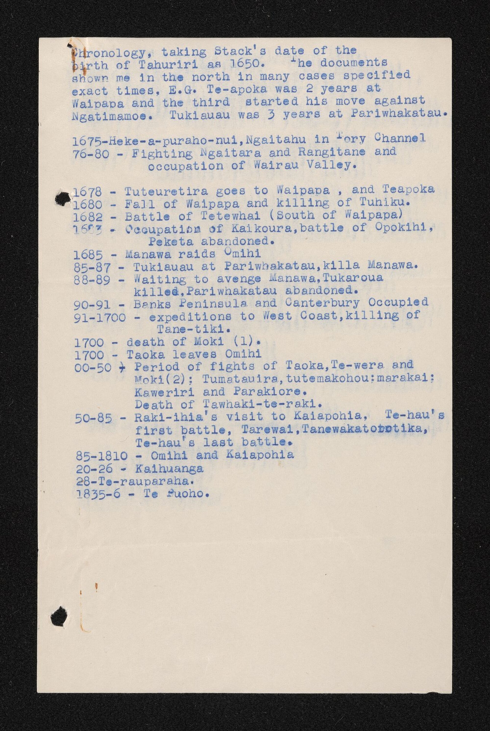 Typewritten notes entitled 'Chronology', from A.H. Carrington
