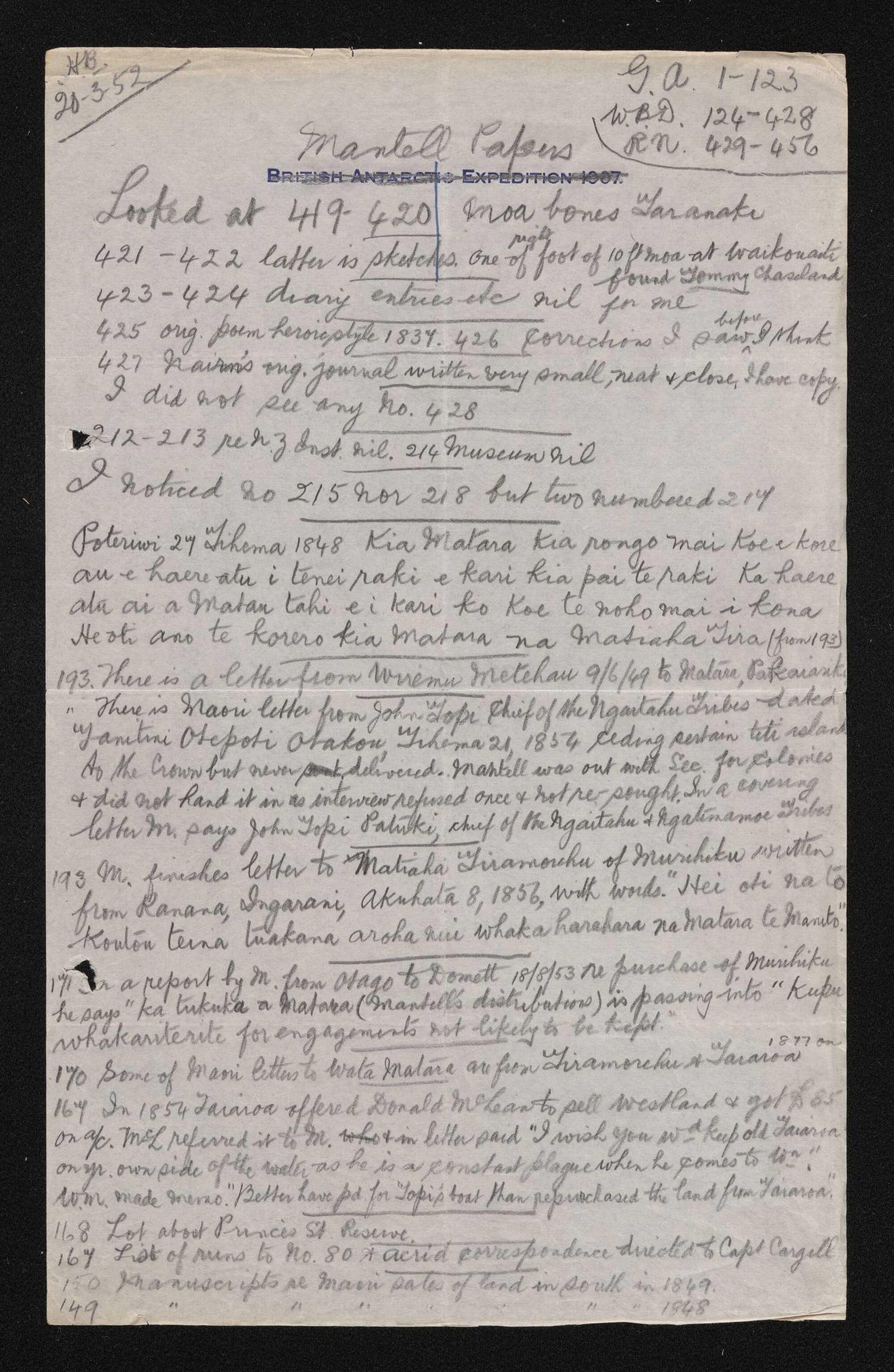 Notes taken from Mantell papers by Herries Beattie