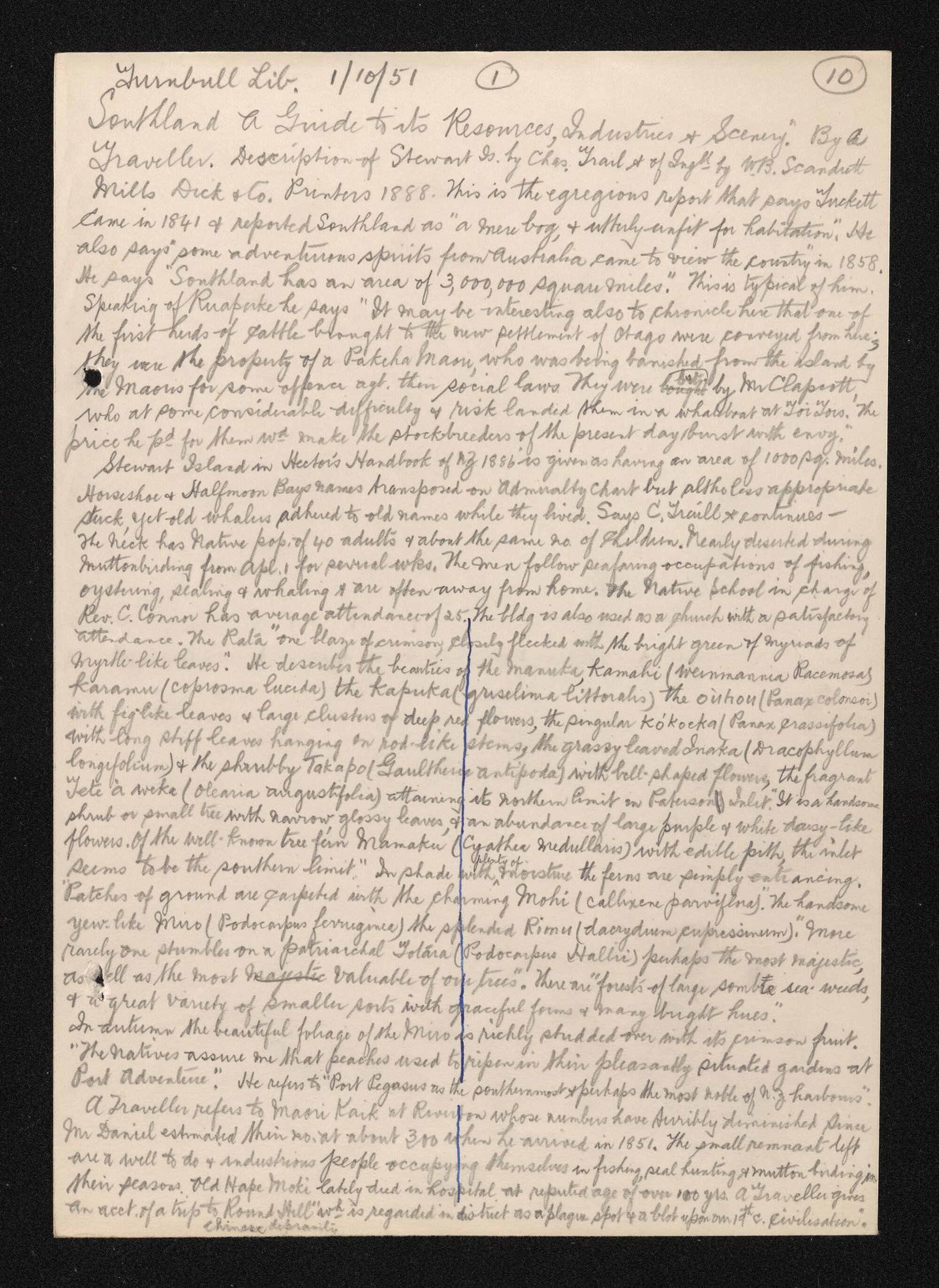 Notes taken from various sources at the Turnbull Library by Herries Beattie