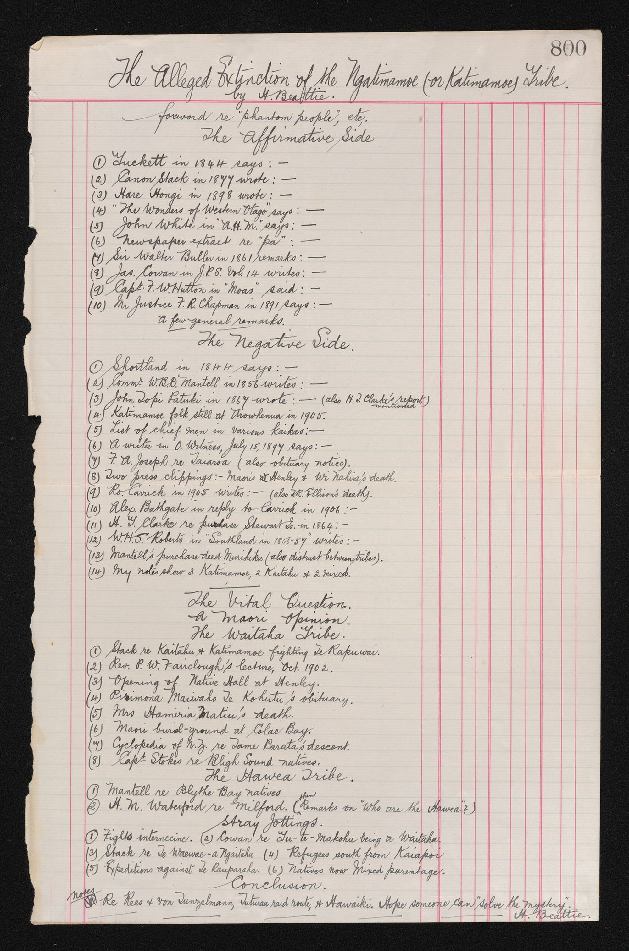 Notes outlining structure of 'The alleged extinction of the Ngatimamoe (or Katimamoe) tribe' by Herries Beattie