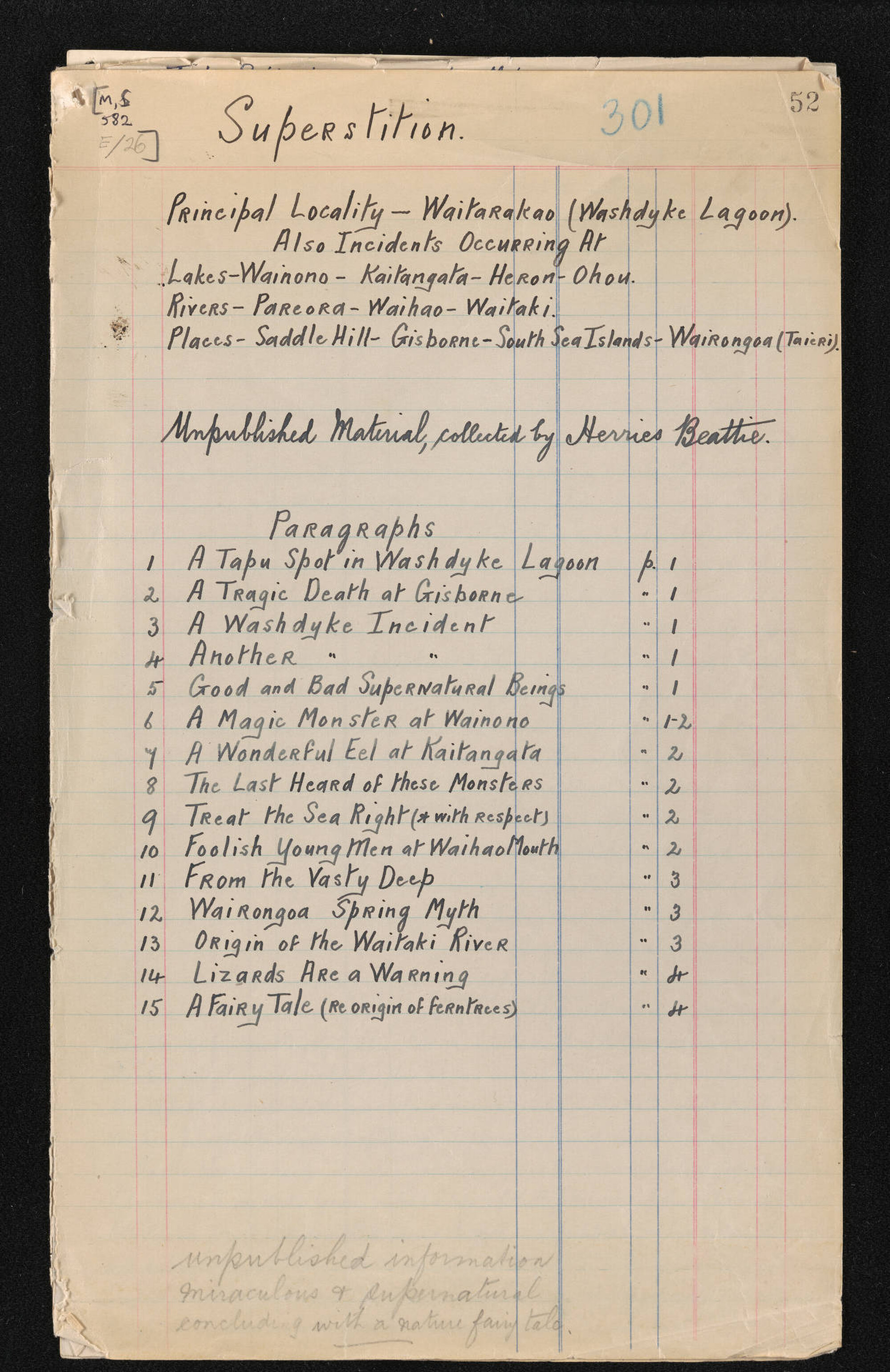 Unpublished notes on superstition and supernatural events