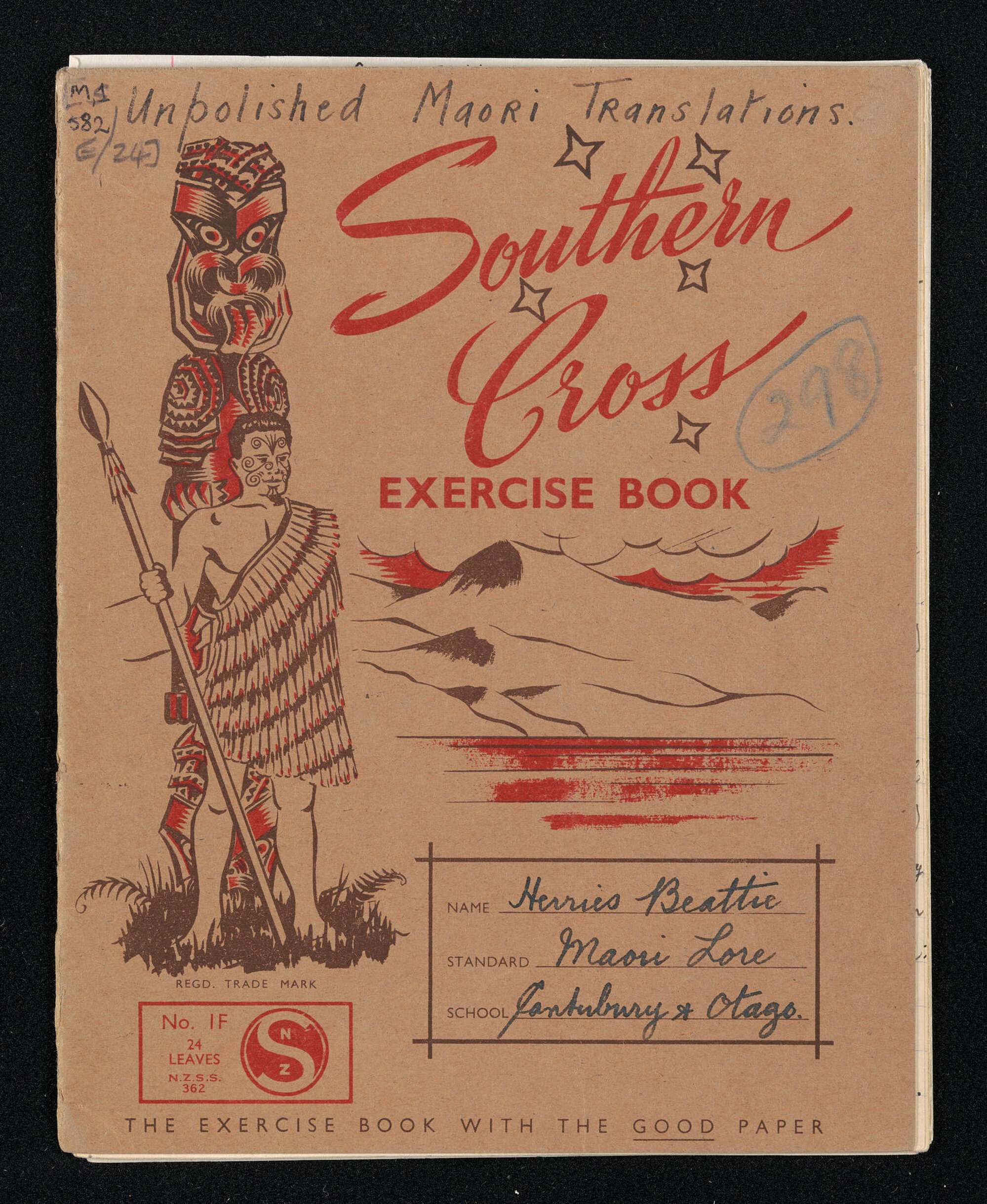 Notebook entitled, 'Unpolished Maori translations, Maori lore, Canterbury and Otago'