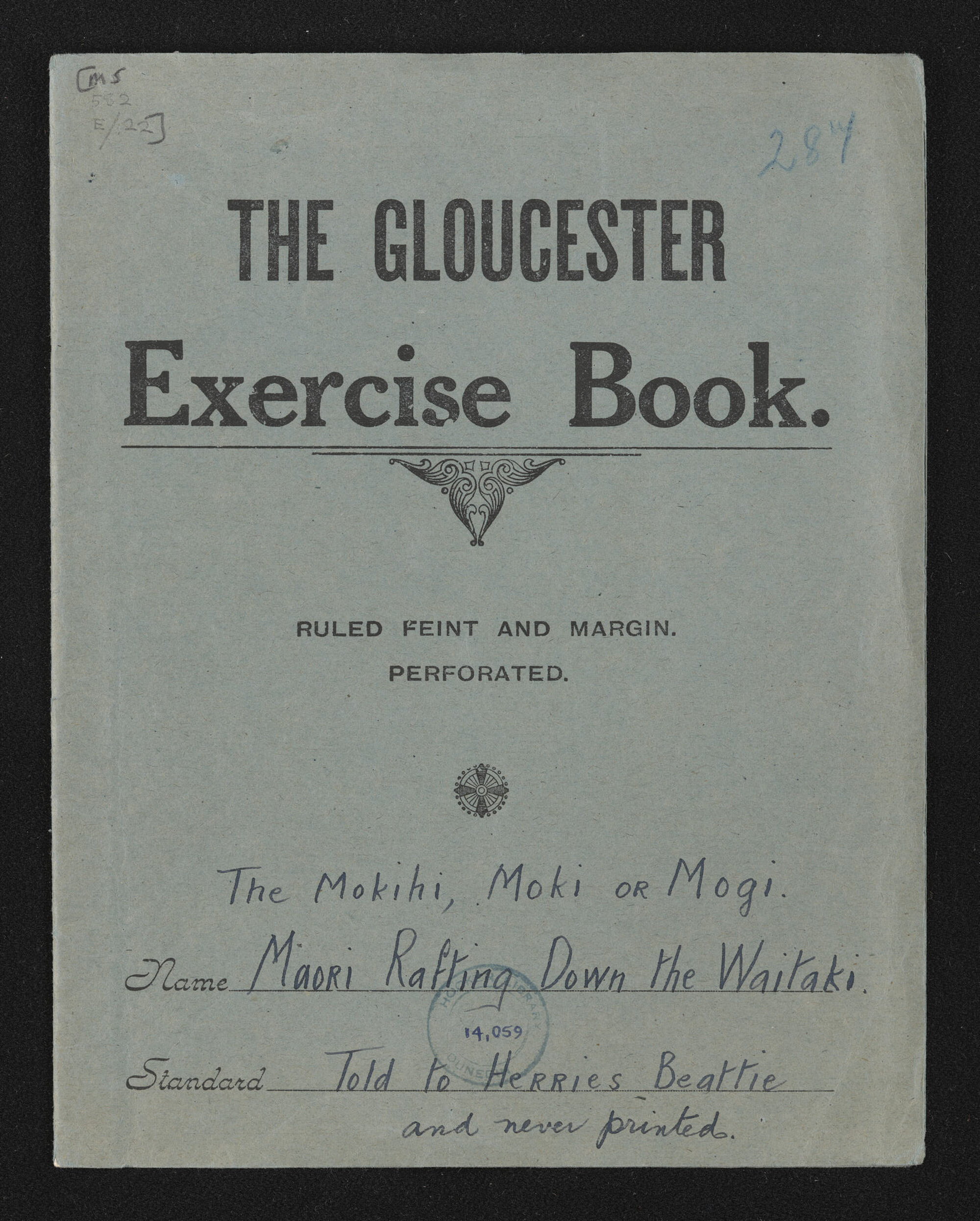 Notebook entitled, 'The Mokihi, Moki or Mogi; Maori rafting down the Waitaki'