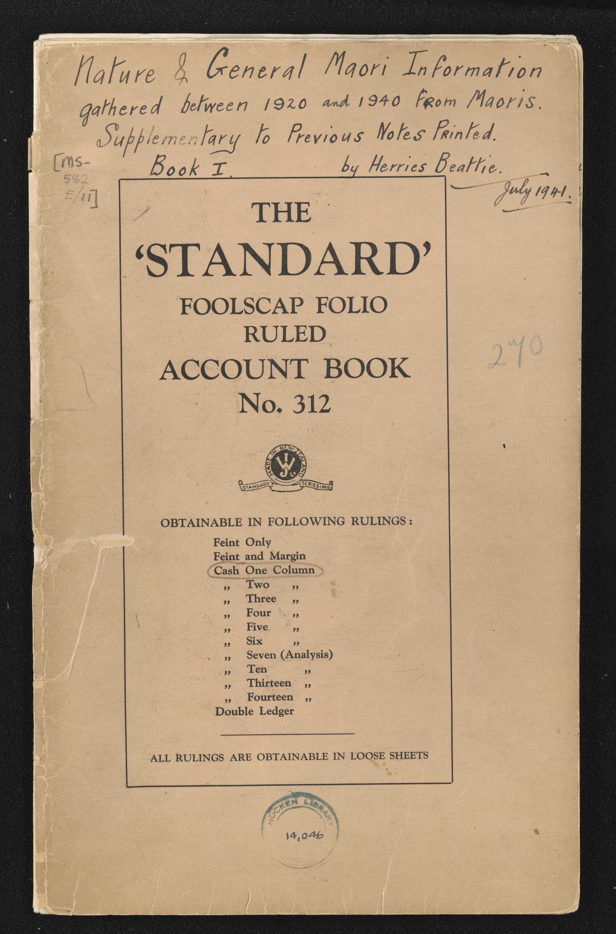 'Nature and general Maori information gathered between 1920 and 1940 from Maoris, supplementary to previous notes printed, book 1'