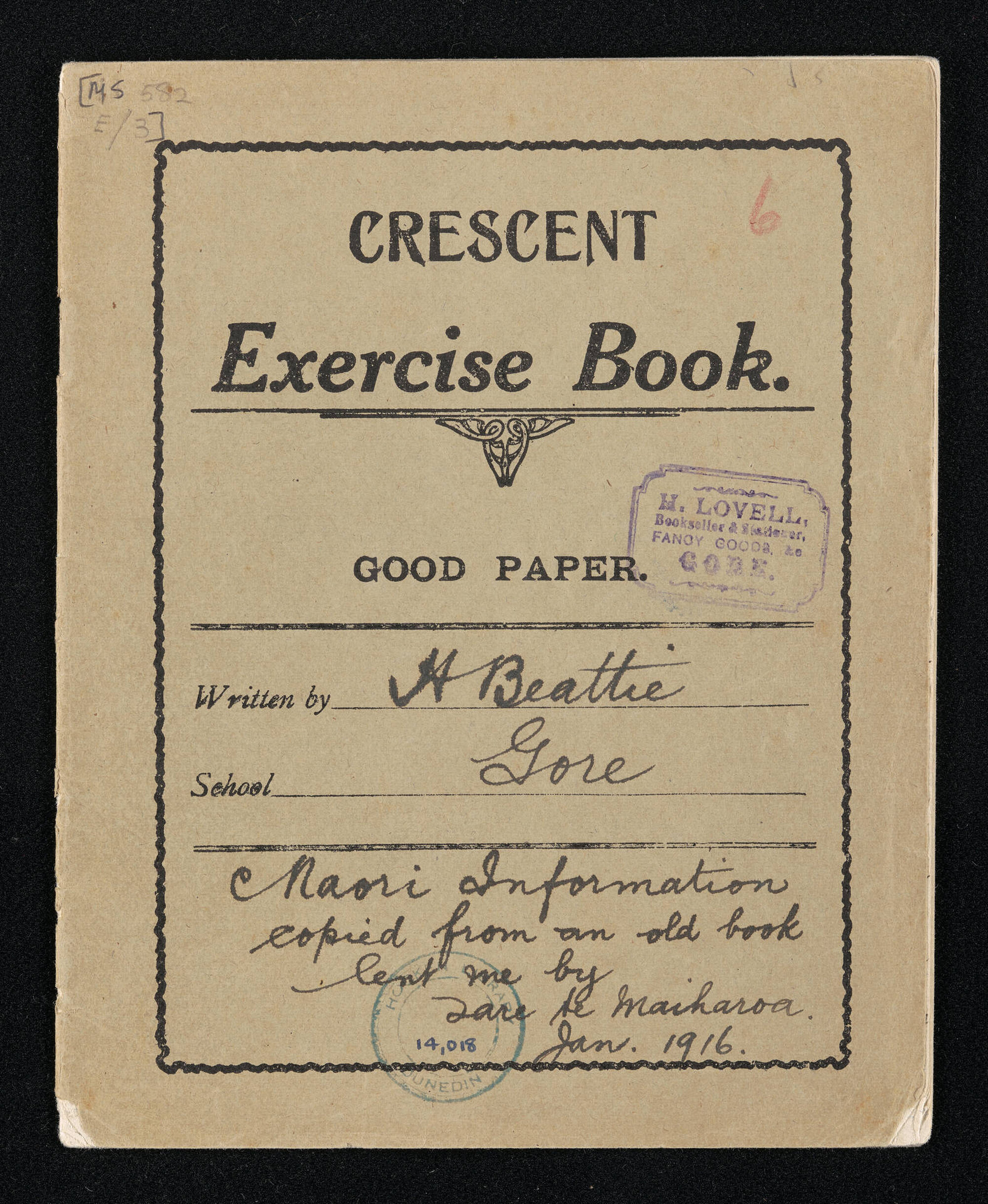 Notebook entitled, 'Maori information copied from an old book lent by Tare Te Maiharoa' 