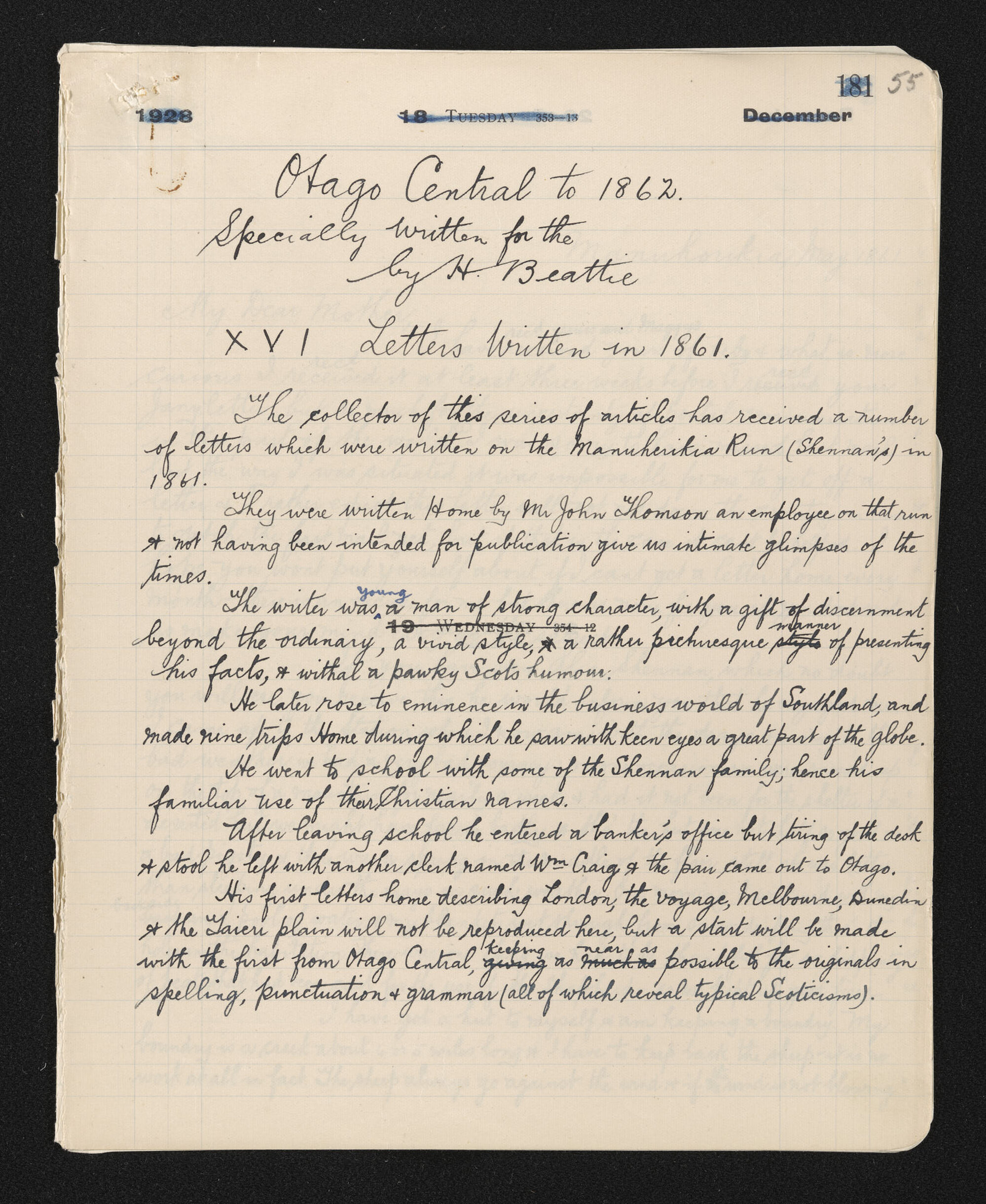 Notes entitled 'Otago Central to 1862' including copies of letters written by John Thomson in 1861
