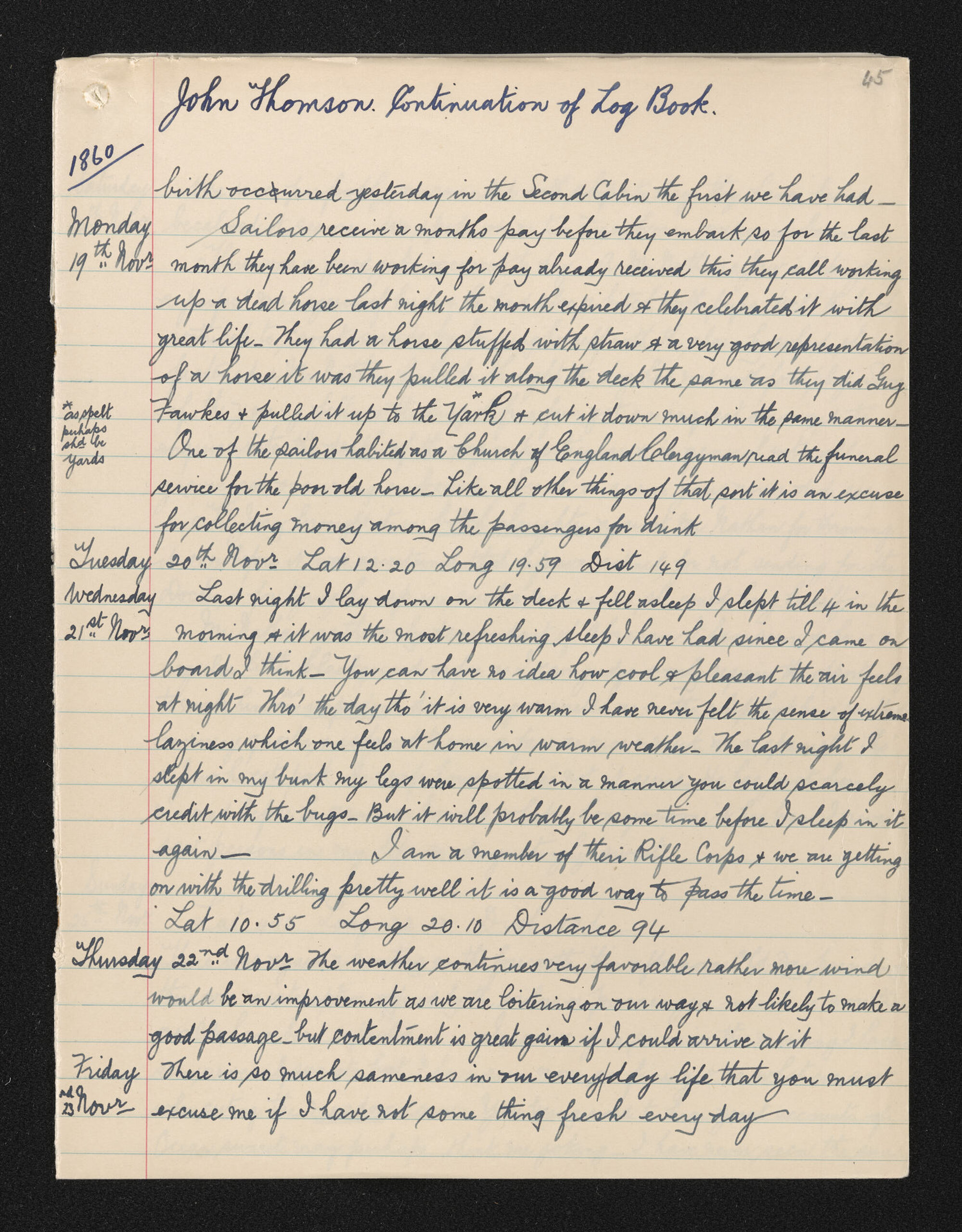 Notes entitled 'John Thomson Continuation of Log Book 1860'