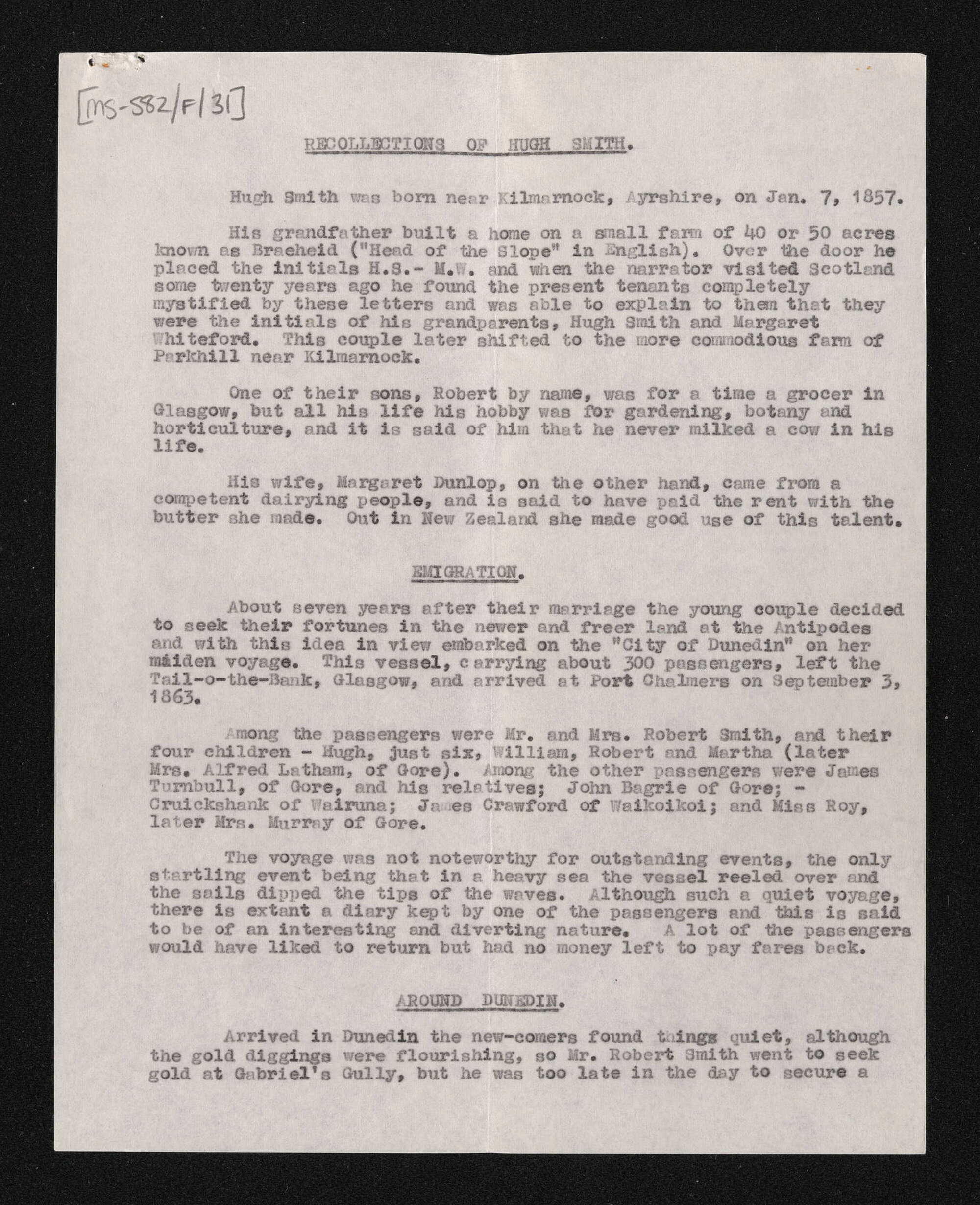 Typescript copy of Hugh Smith's reminiscences