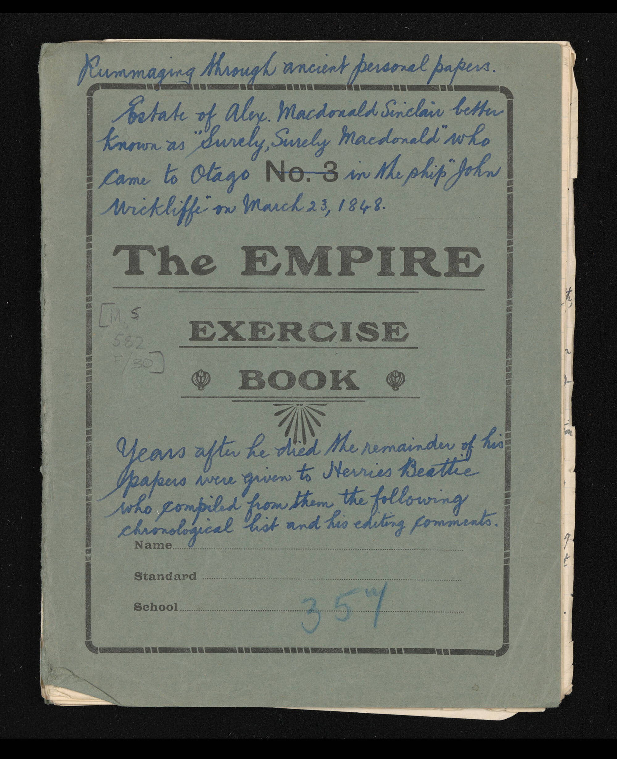 Index and comments on the personal papers of 'Surely, surely' Macdonald Sinclair, compiled by Herries Beattie.