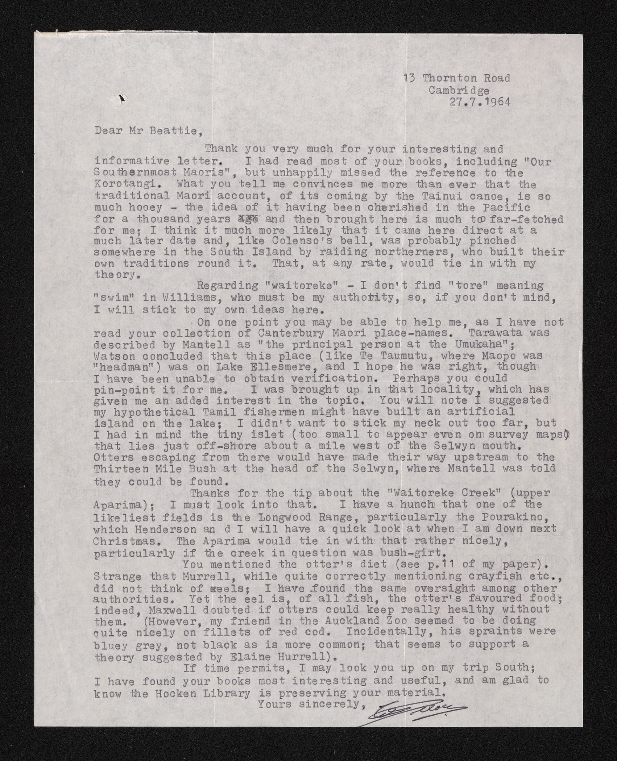 Letter, 27 July 1964, from G.A. Pollock, to Herries Beattie