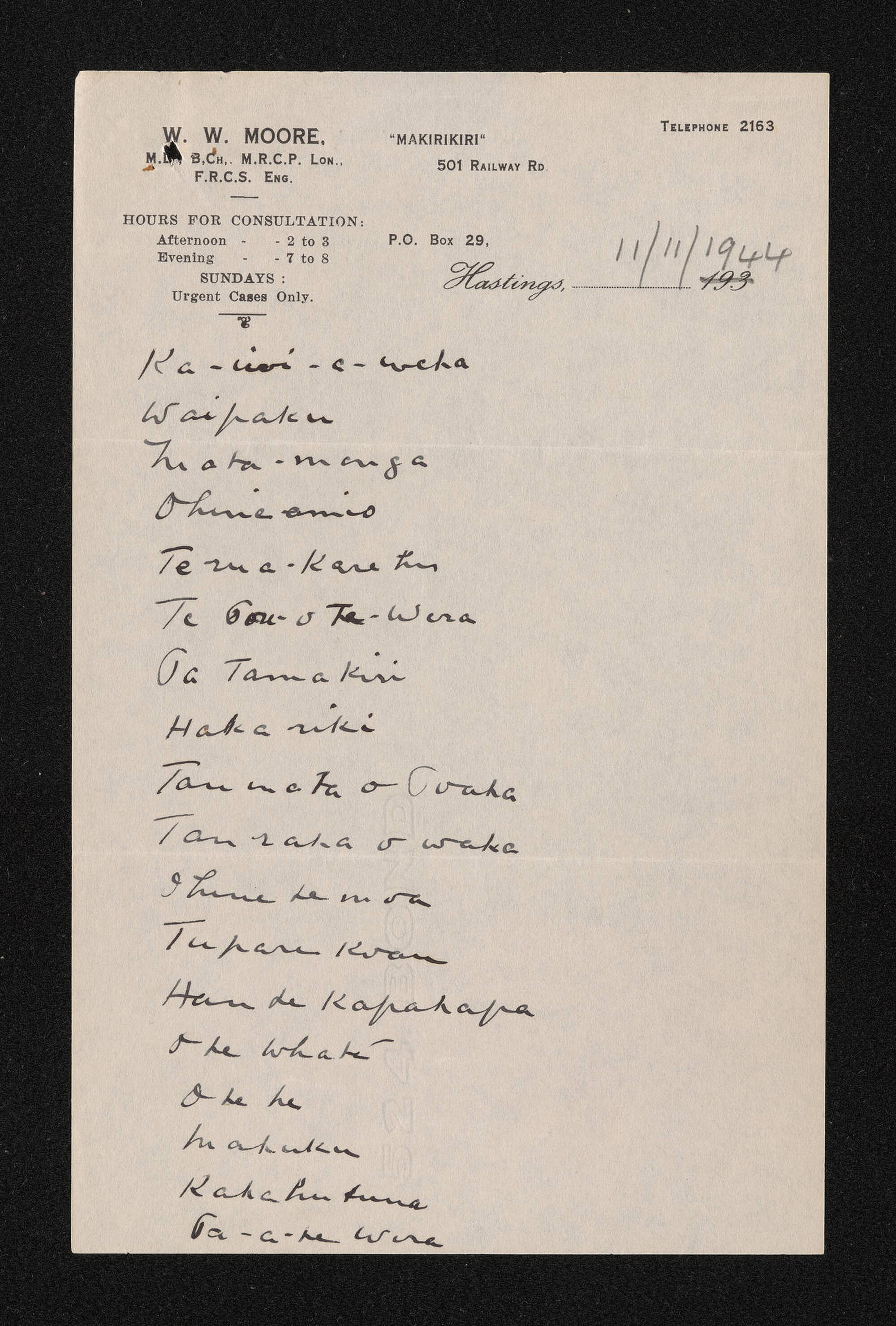 List of Waikouaiti place names and related correspondence by W. W. Moore, sent to Herries