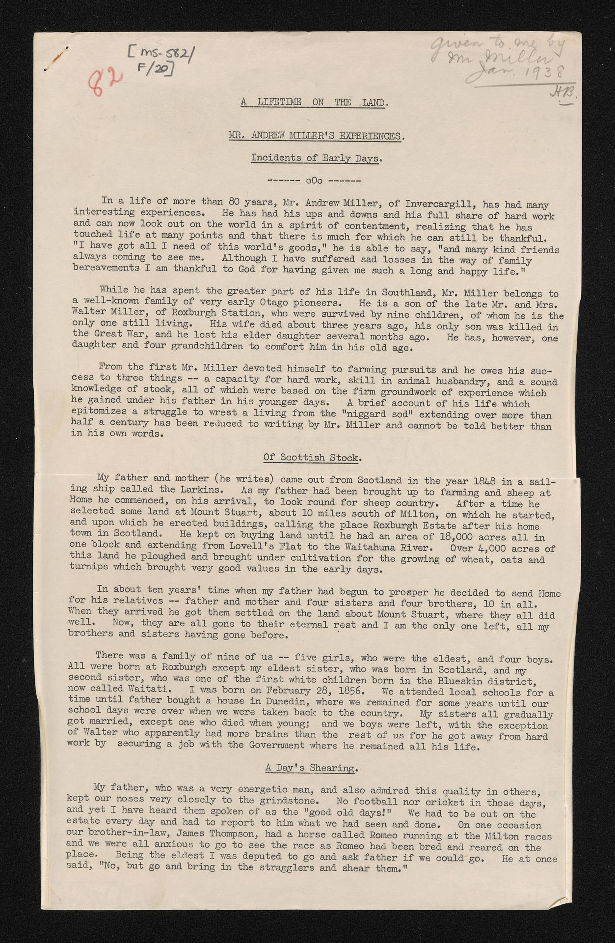 Typescript entitled, 'A lifetime on the land, Mr Andrew Miller's experiences; Incidents of early days'