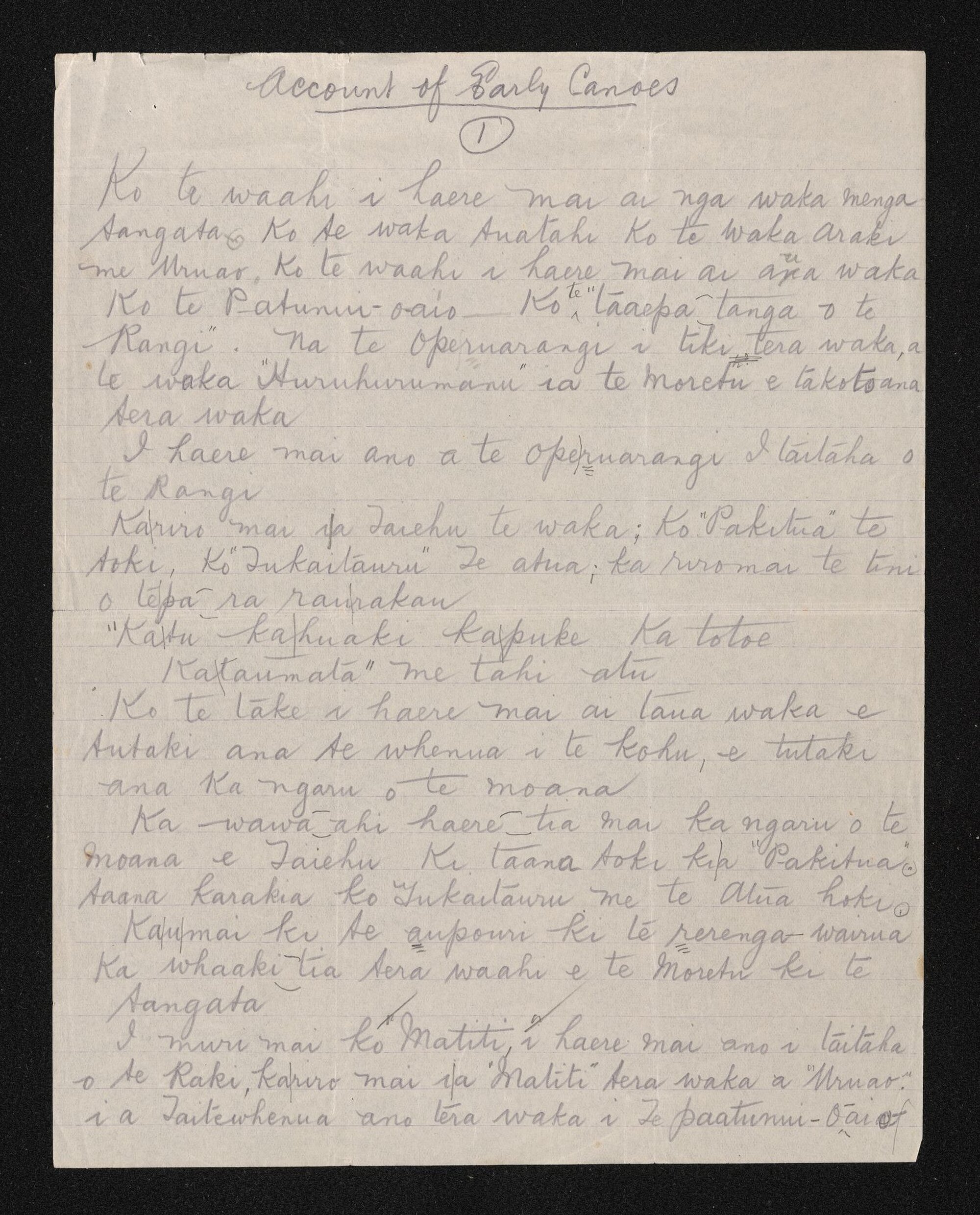 Handwritten notes in Māori entitled 'Account of Early Canoes' and 'Names of fights'