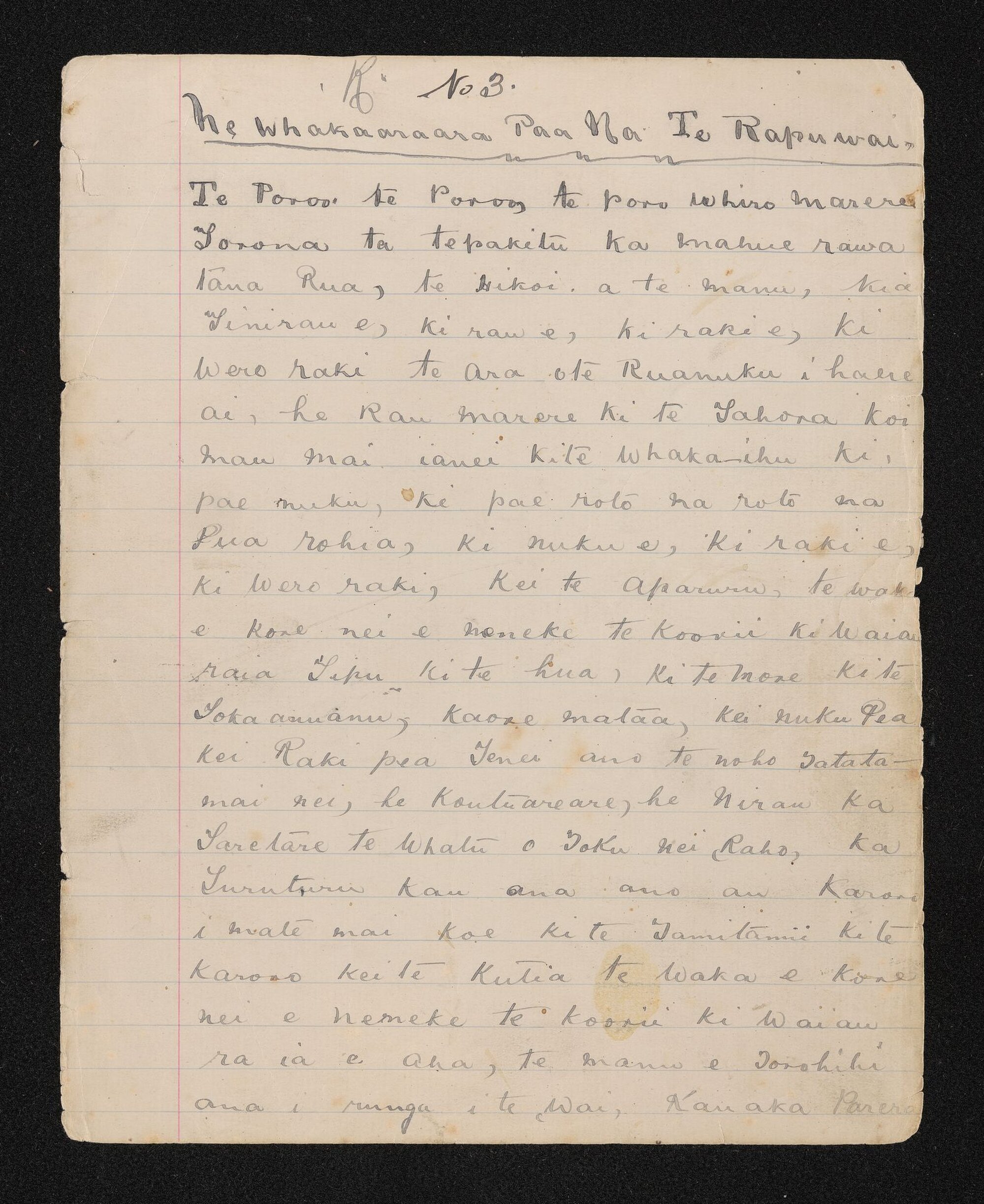 Handwritten note entitled 'He whakaaraara paa na Te Rapuwai'