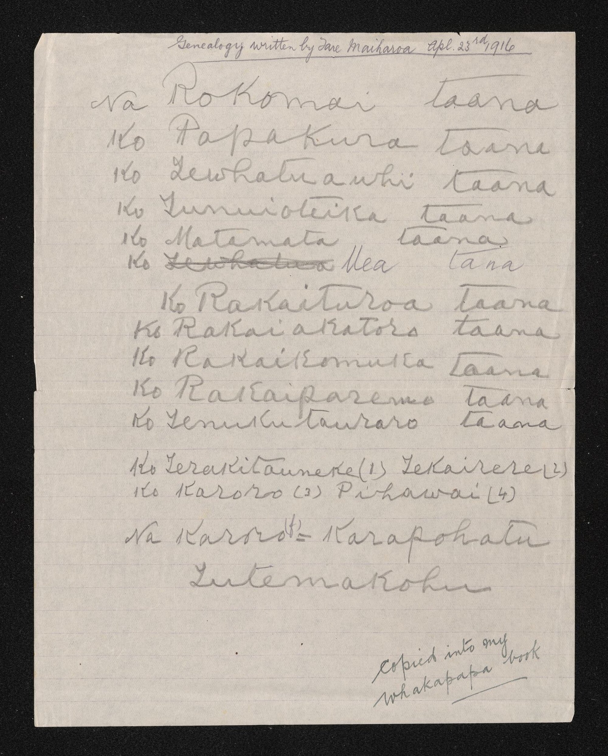 Whakapapa written by Taare Te Maiharoa, 23 April 1916