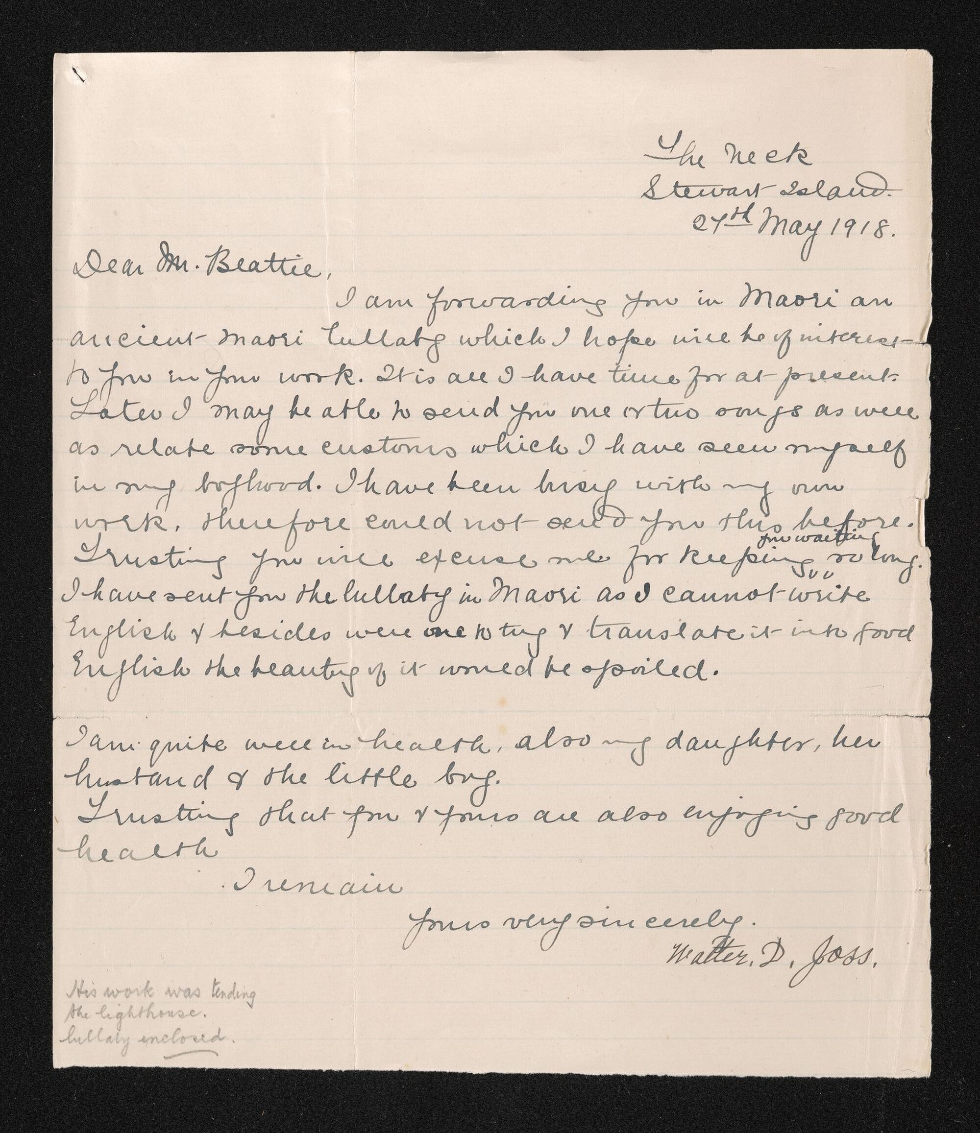 Letter, 27 May 1918, from Walter Douglas Joss, to Herries Beattie, enclosing an ancient Māori lullaby