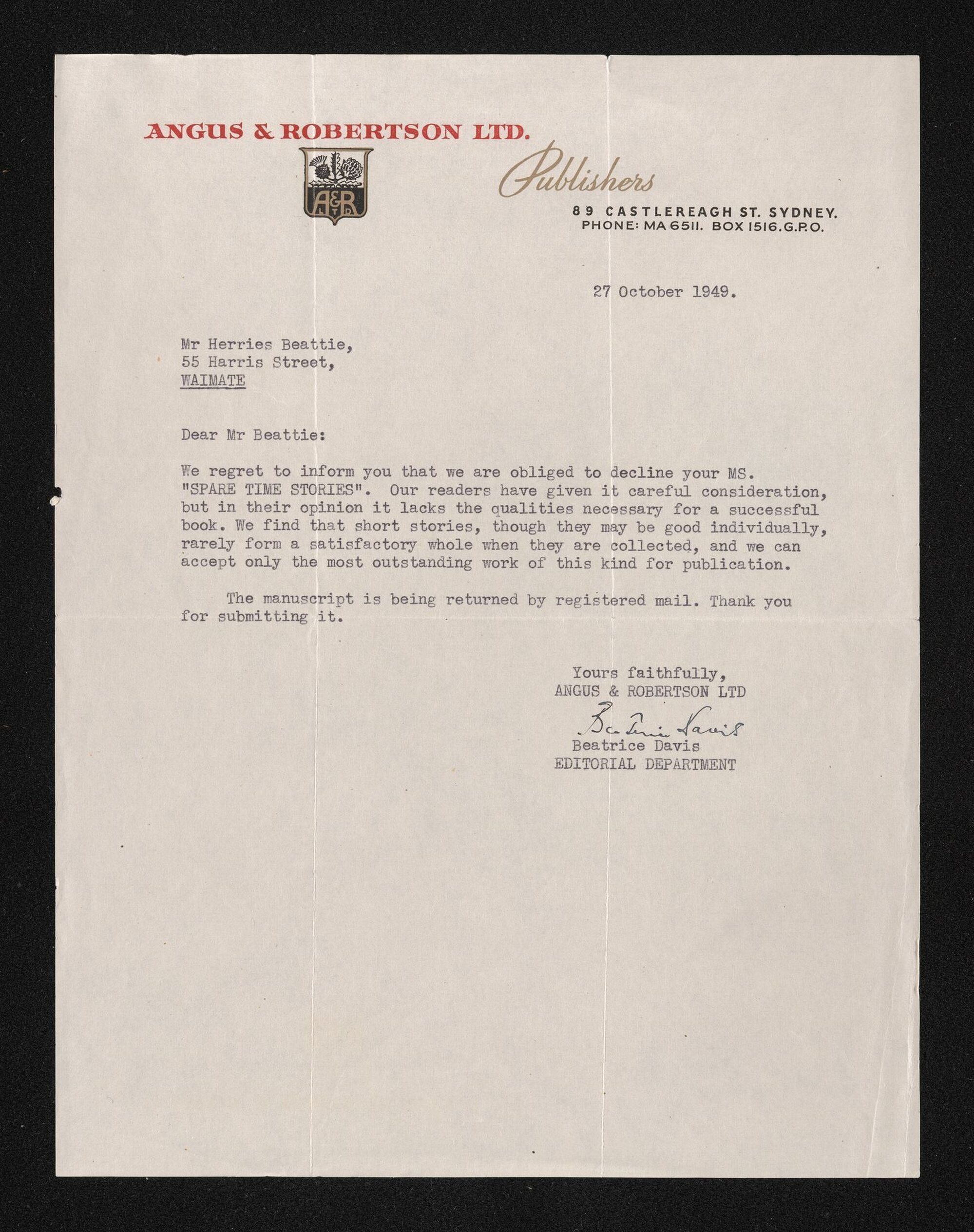 Letter, 27 October 1949, from Beatrice Davis, to Herries Beattie, regarding rejection of manuscript for publication