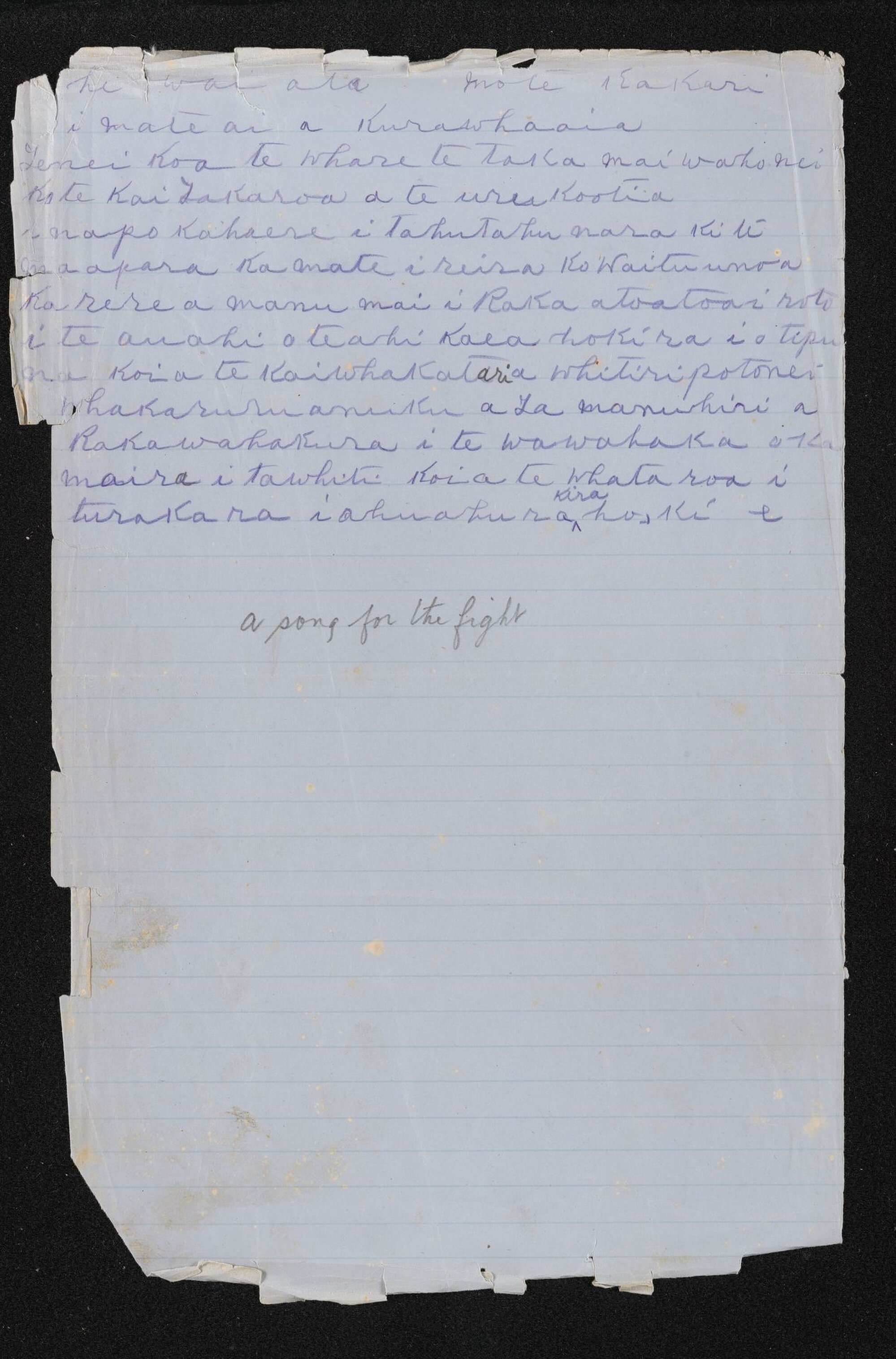 Handwritten note entitled 'He waiata mo te kakari'