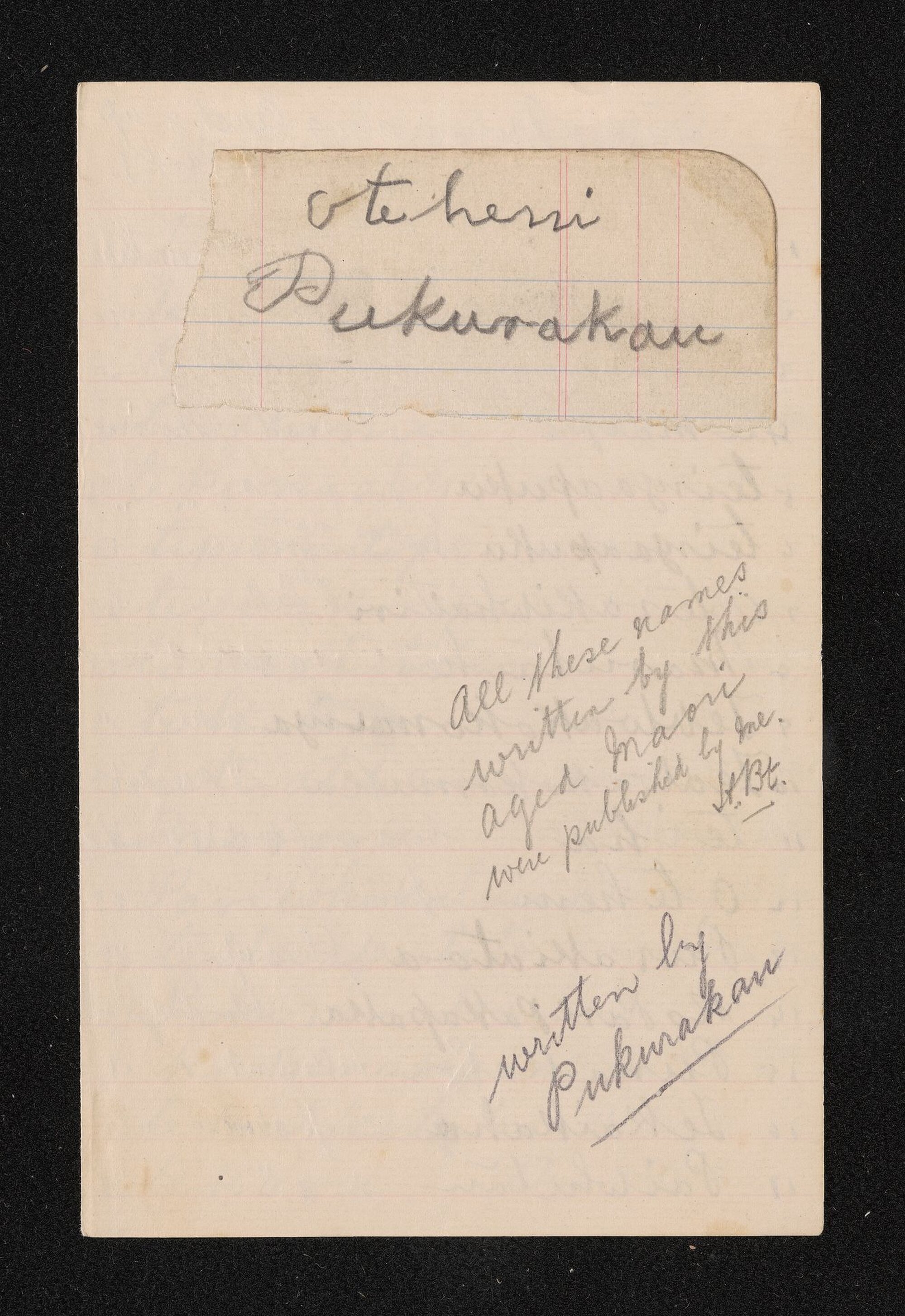 Handwritten note entitled 'Names Morven along Coast &amp; up Waitaki River (North Bank)' written by Pukurakau