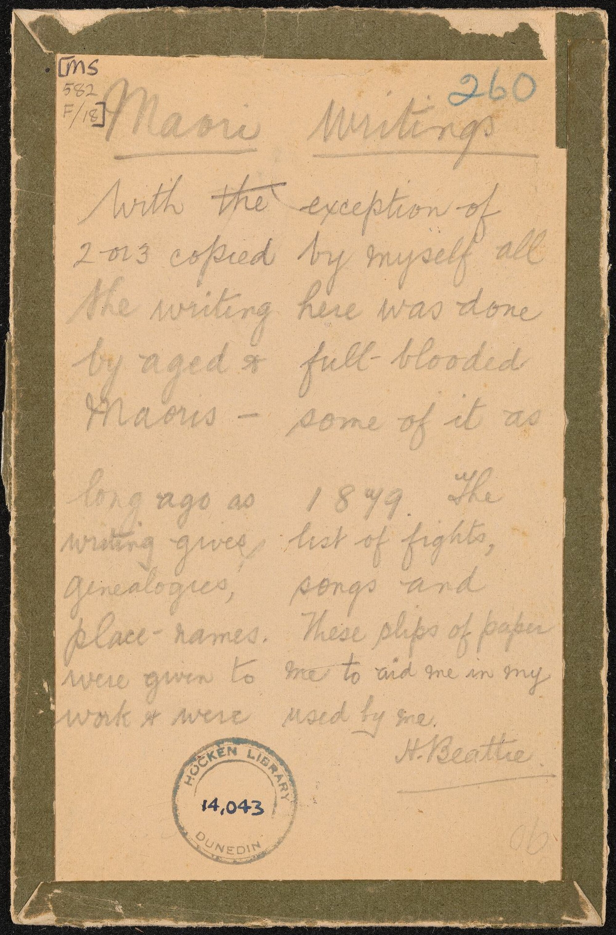 Handwritten note on card entitled 'Māori writings'