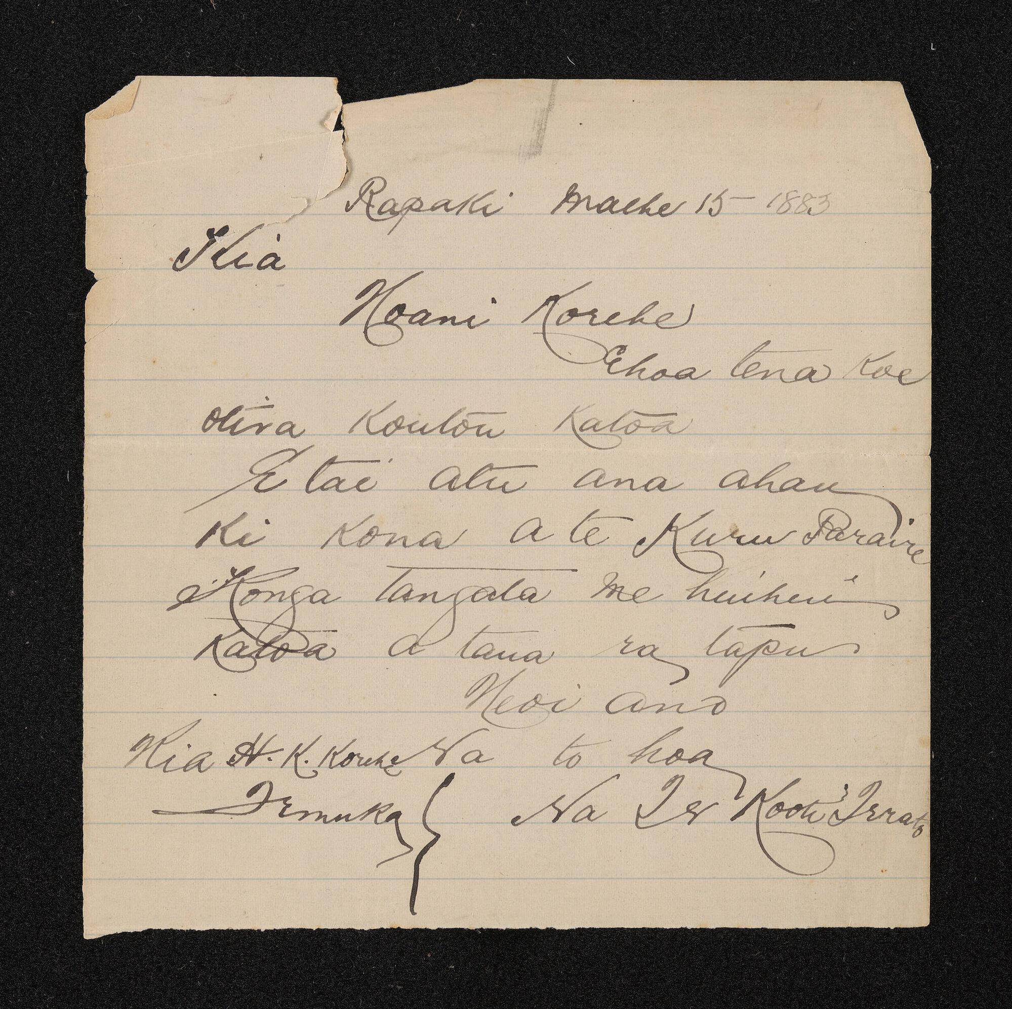 Letter, 15 March 1883, from Te Kooti Te Rato, to Hoani Korehe Kahu